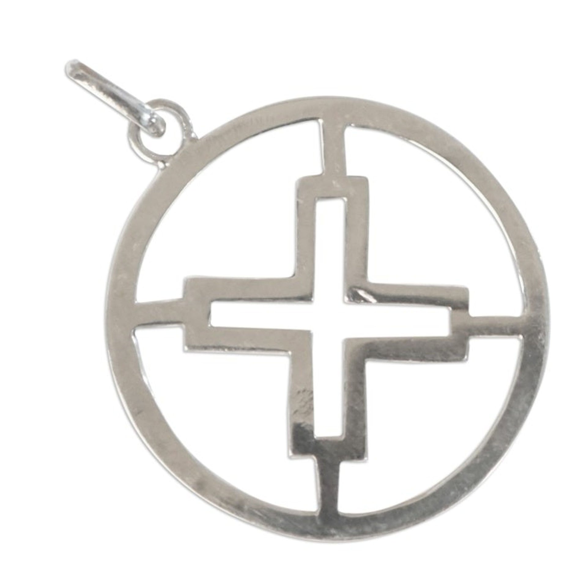 Sterling Silver Round Pendant with Cross Icon from Ghana 'Authority Core'