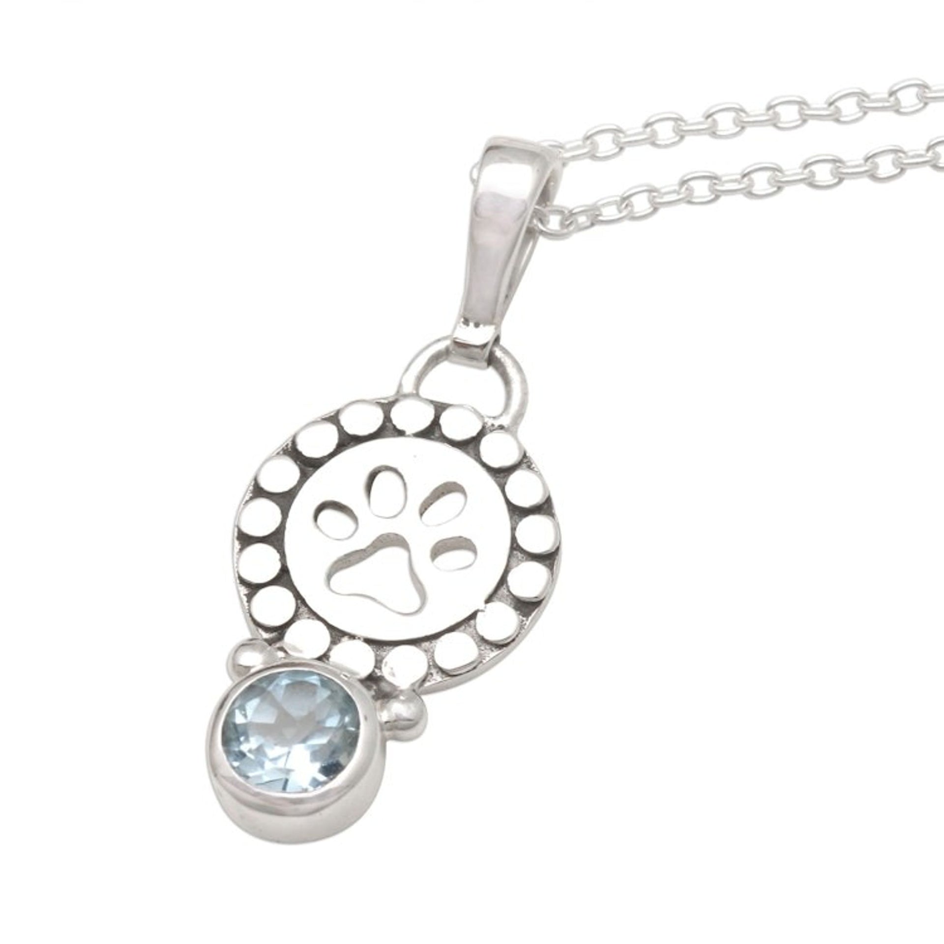 18-Inch Necklace with Faceted Blue Topaz Pawprint Pedant 'Pawprint Memory'