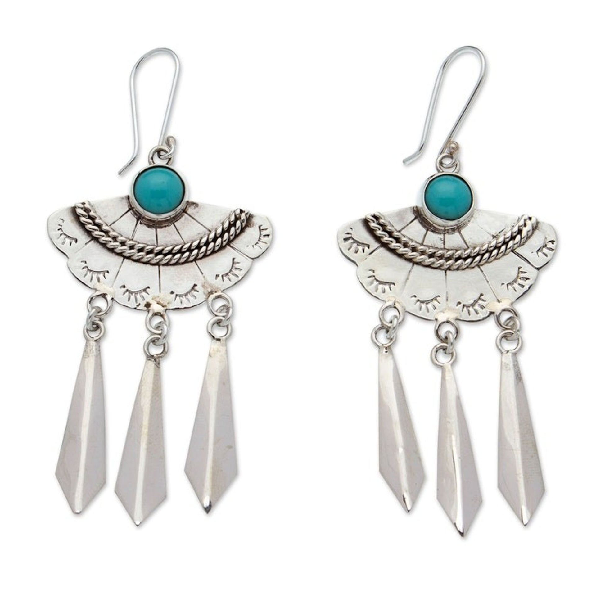 Taxco 925 Silver Turquoise Fan-Shaped Chandelier Earrings 'Fan Delight'