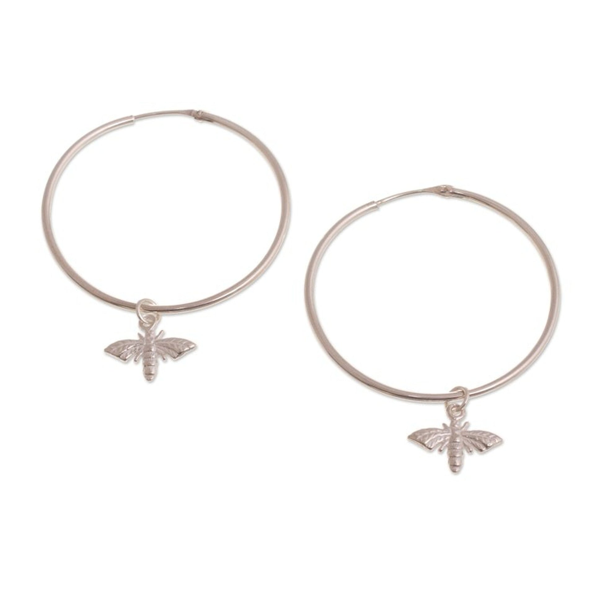 Andean Sterling Silver Hoop Earrings with Bees 'Sweet Bees'