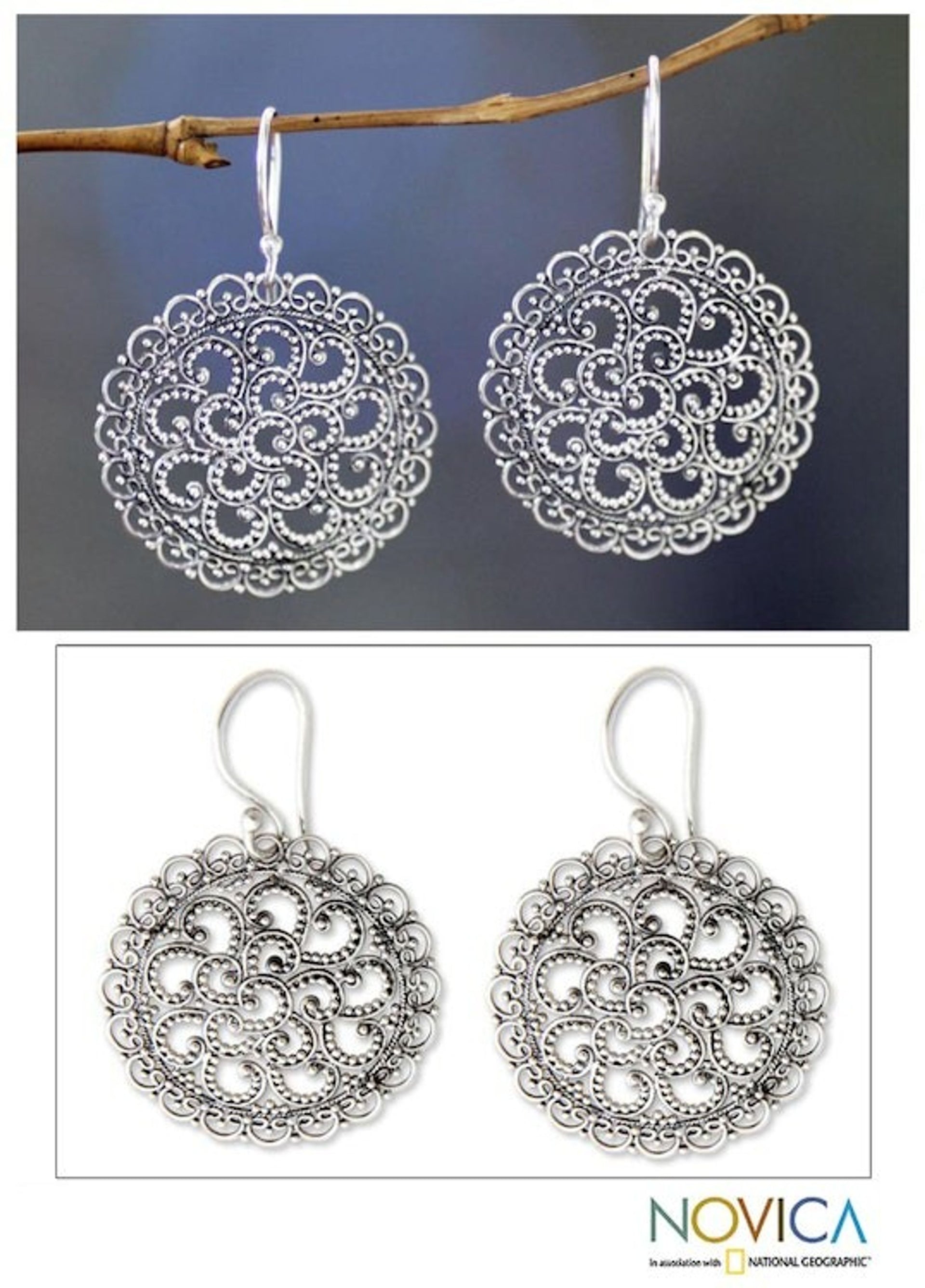Hand Crafted Sterling Silver Dangle Earrings 'Filigree Chrysanthemum'