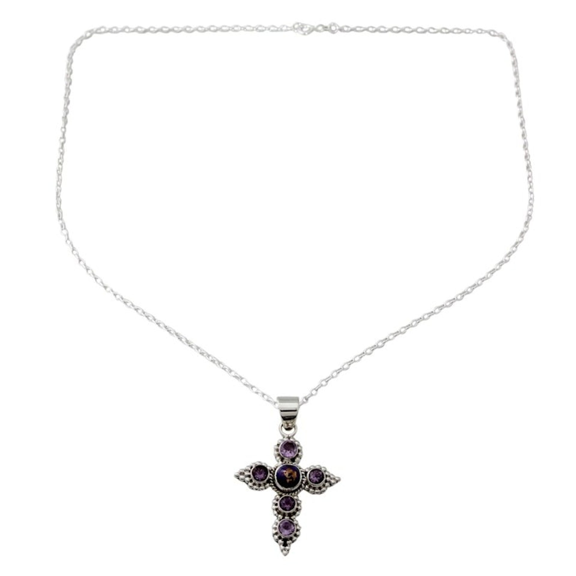 Handcrafted Amethyst and Sterling Silver Cross Necklace 'Divine Harmony'