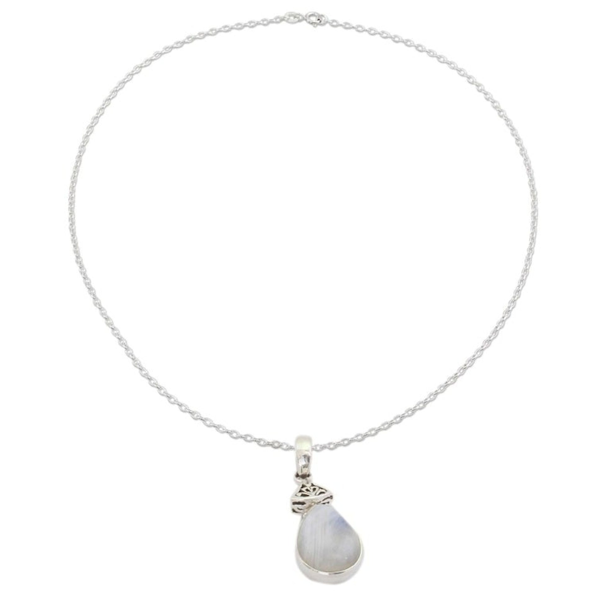 Rainbow Moonstone and Sterling Silver Pendant Necklace 'Icy Droplet'