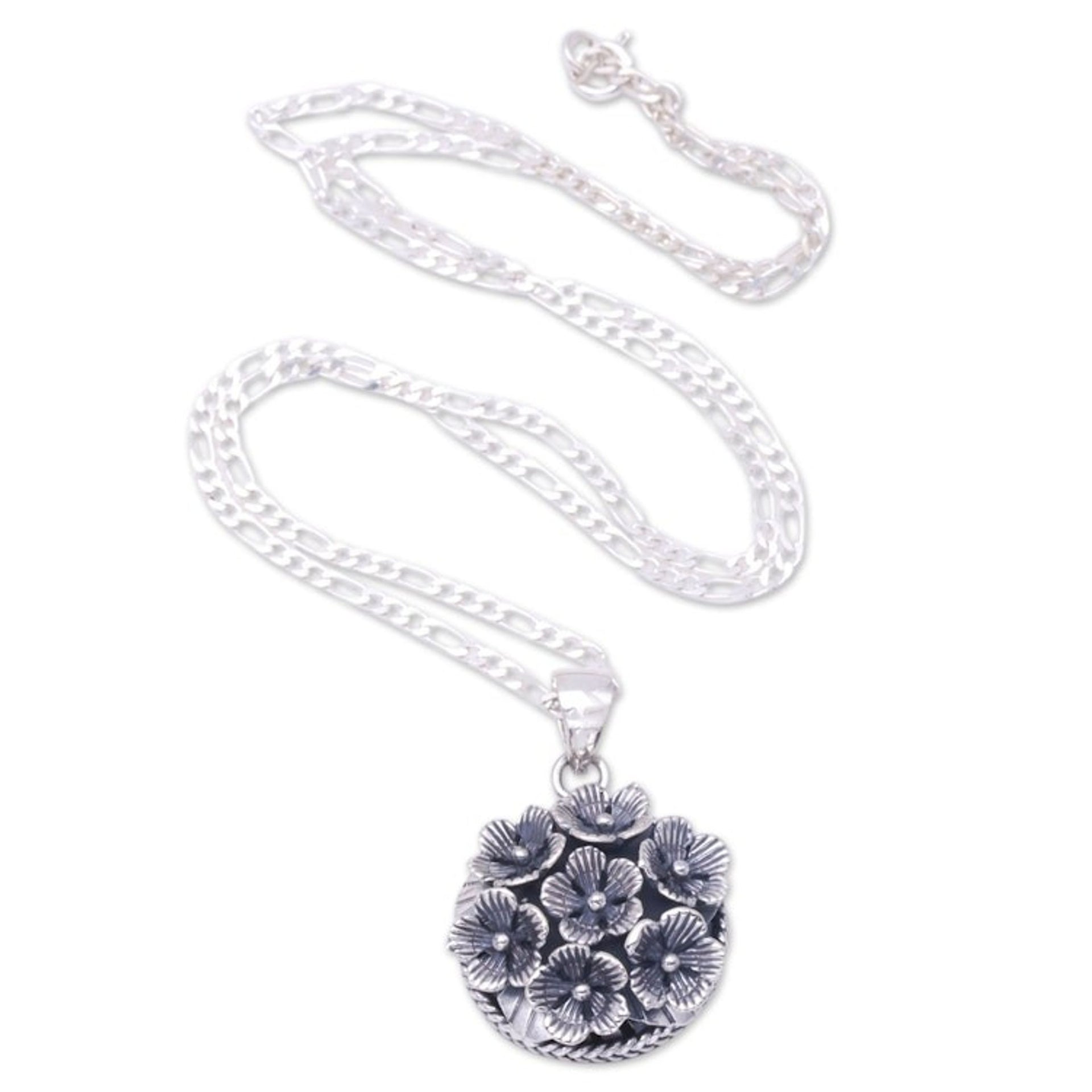 Balinese Sterling Silver Pendant Necklace with Floral Motifs 'Flowers for Canang'