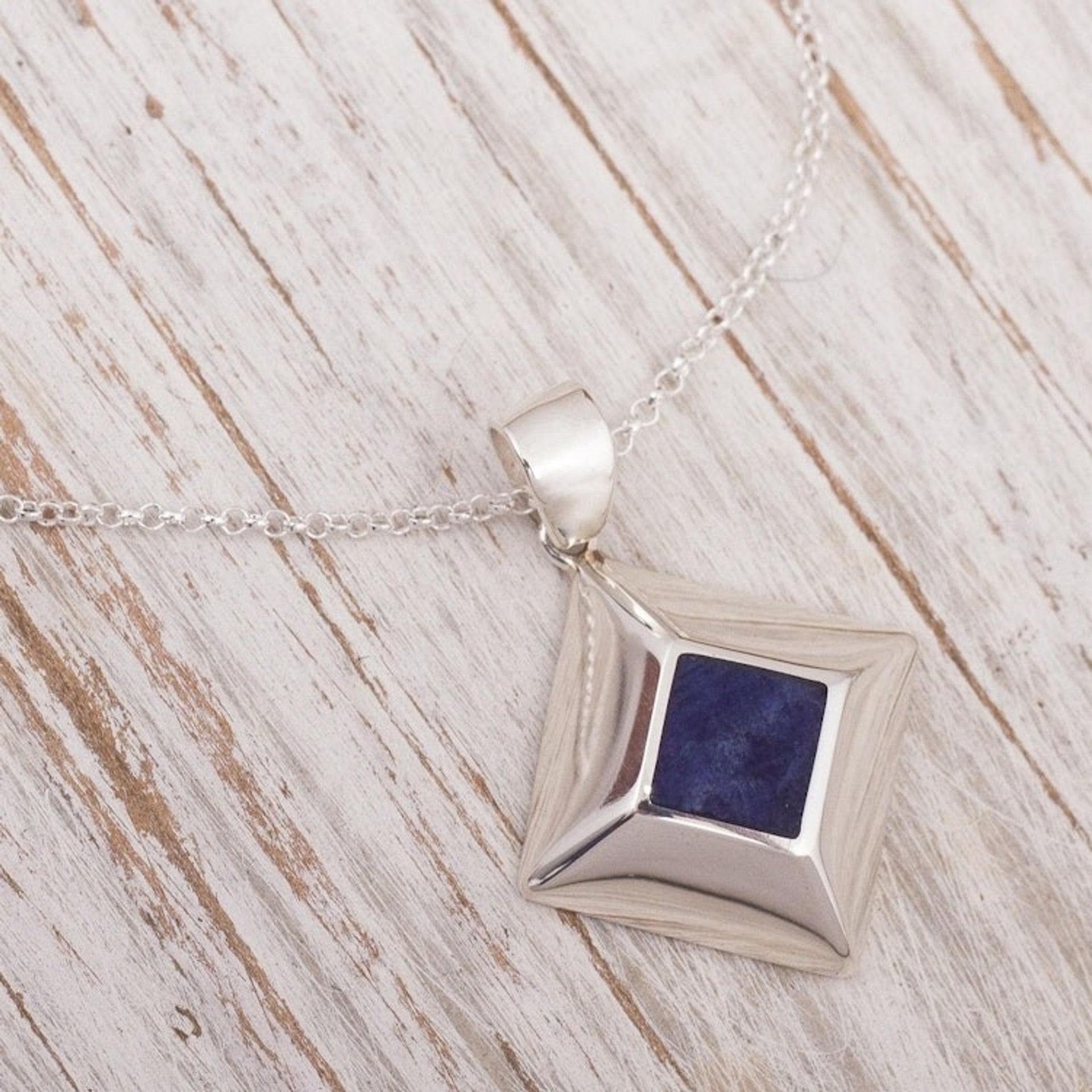 Peruvian Sodalite and Sterling Silver Pendant Necklace 'Window to Heaven'