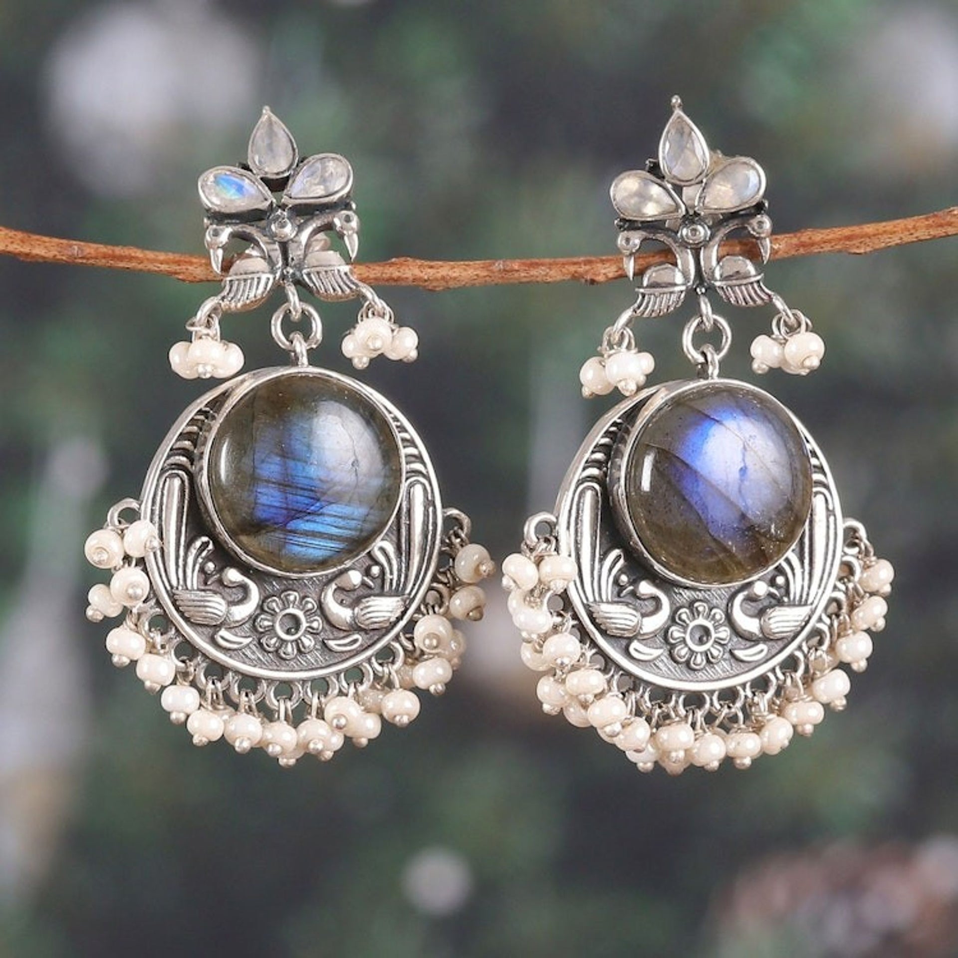 2-Carat Natural Multi-Gemstone Dangle Earrings from India 'Lunar Divinity'