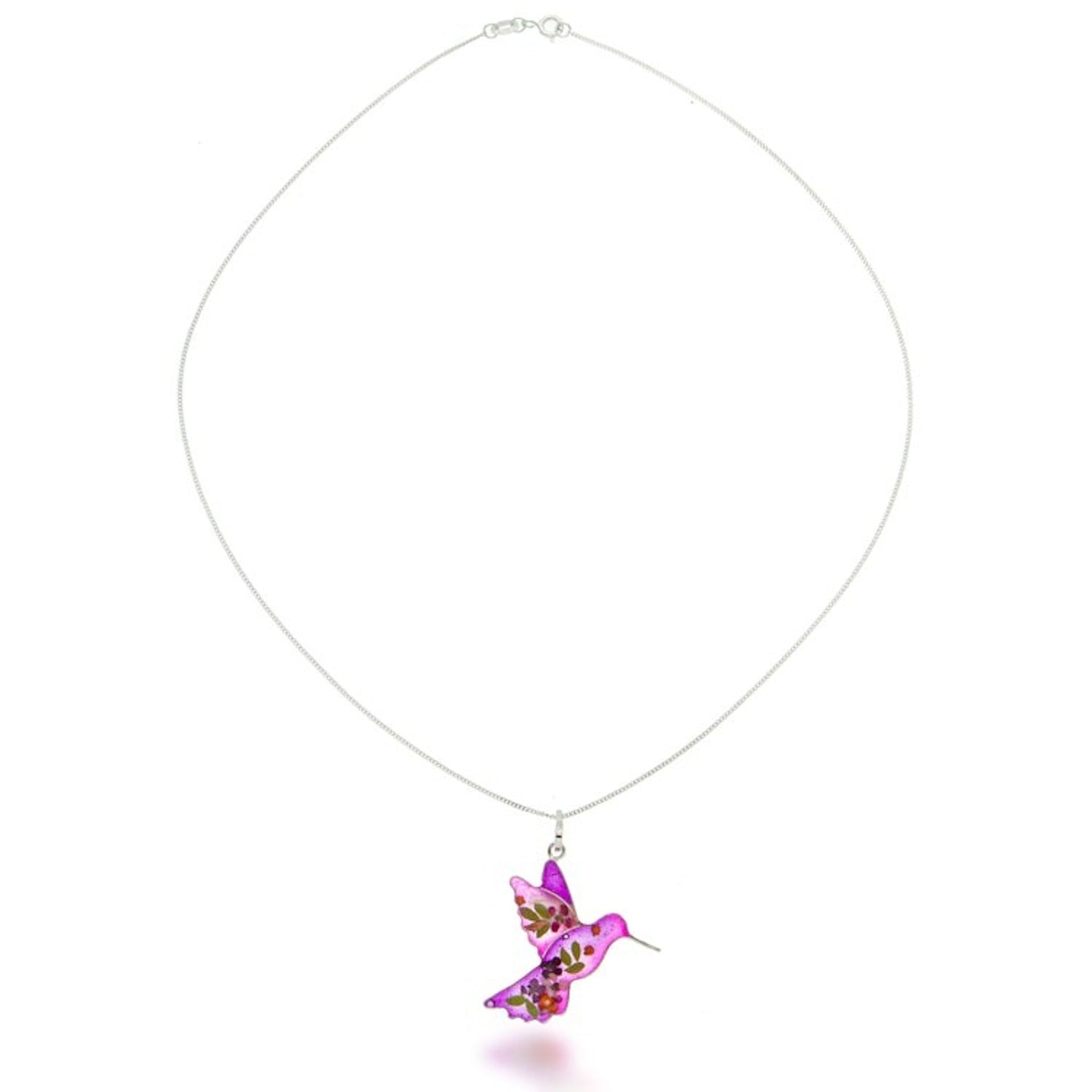 Natural Flower Resin Silver Hummingbird Pendant Necklace 'Pink Hummingbird'