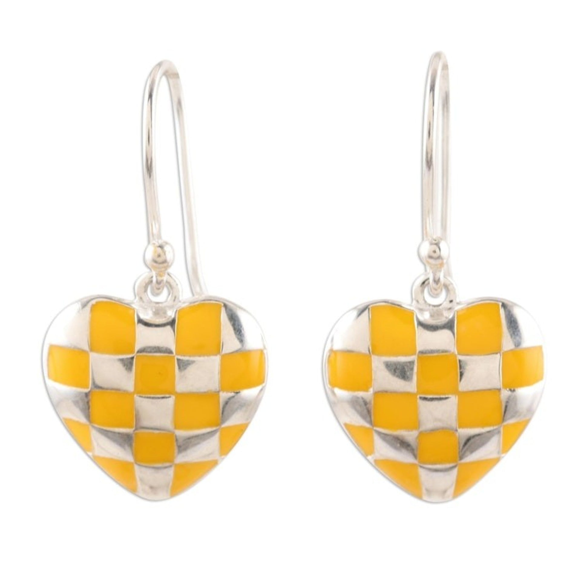 Checkered Sterling Silver Dangle Earrings 'Checkered Heart in Yellow'