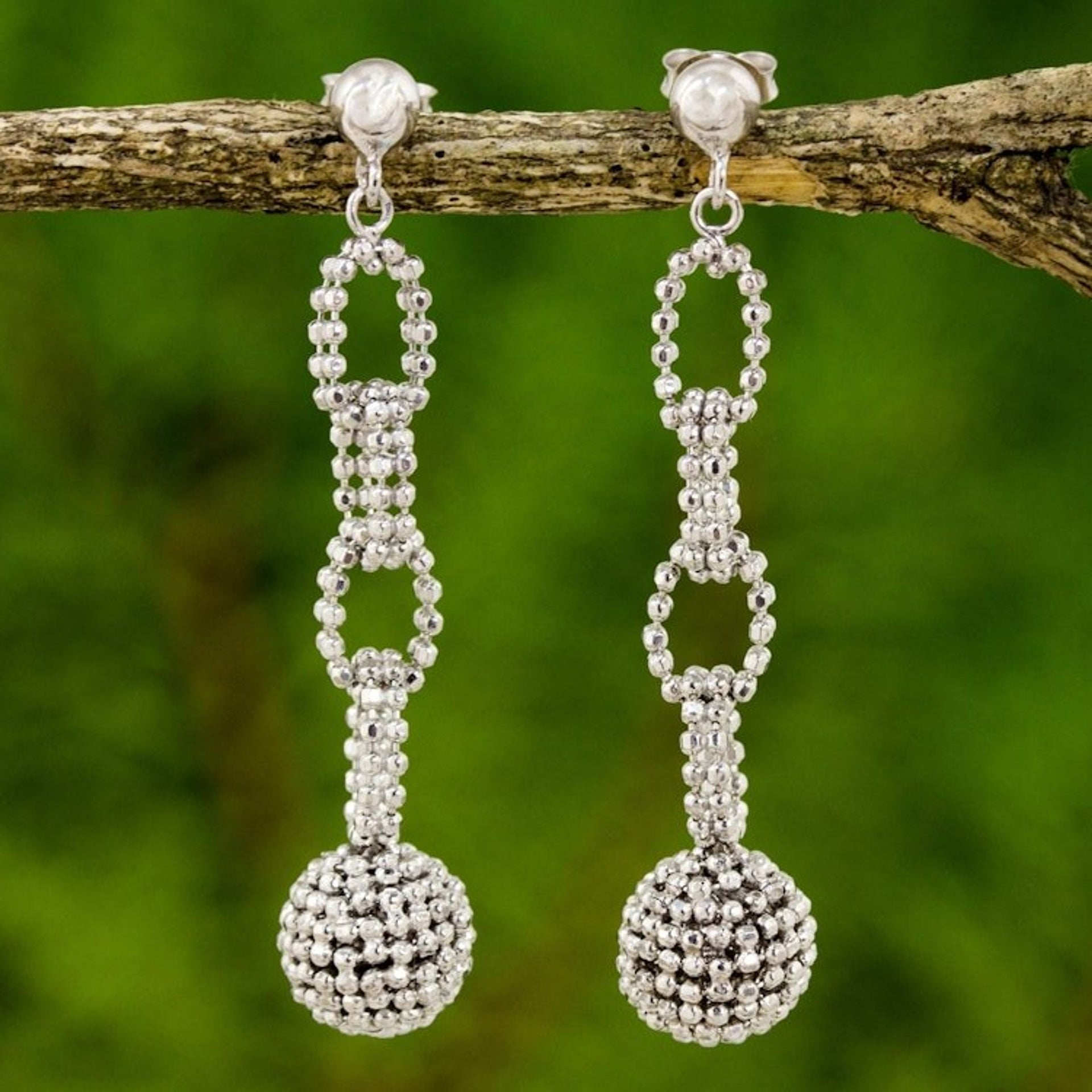 Sterling Silver Chain Link Dangle Earrings from Thailand 'Disco Balls'