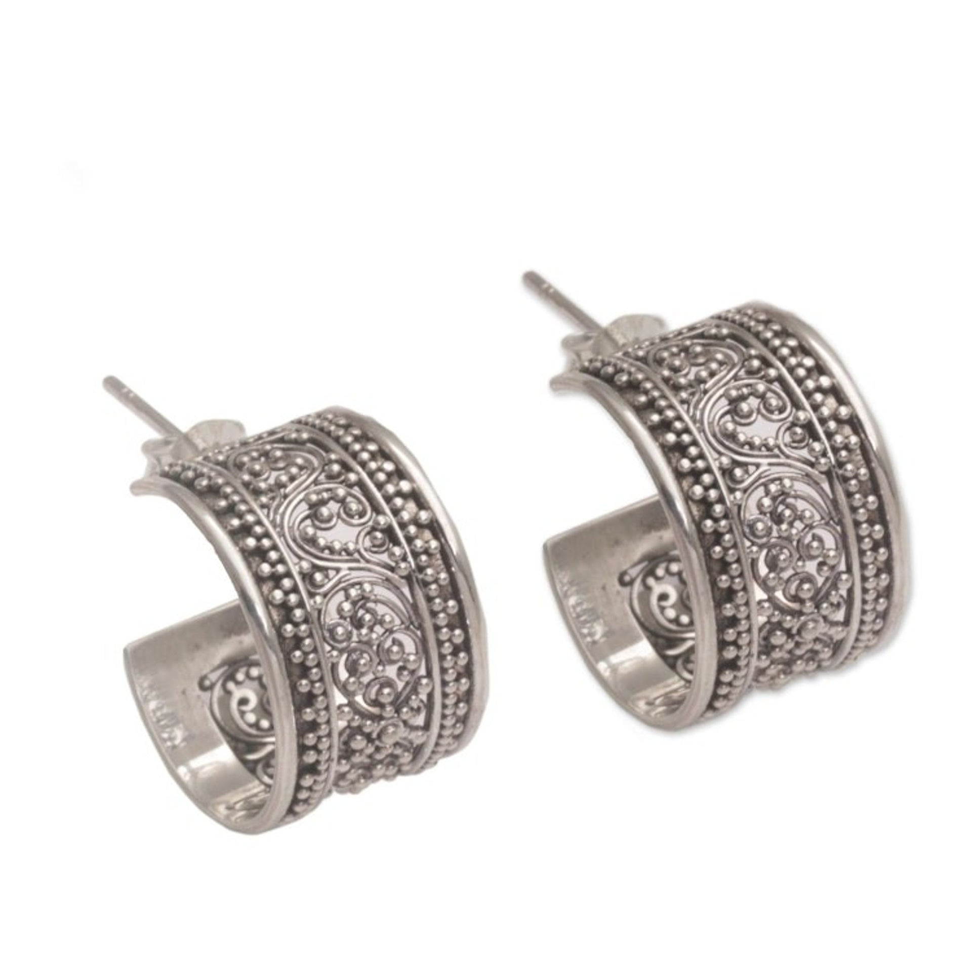 Sterling Silver Openwork Half-Hoop Earrings from Bali 'Merajan Majesty'