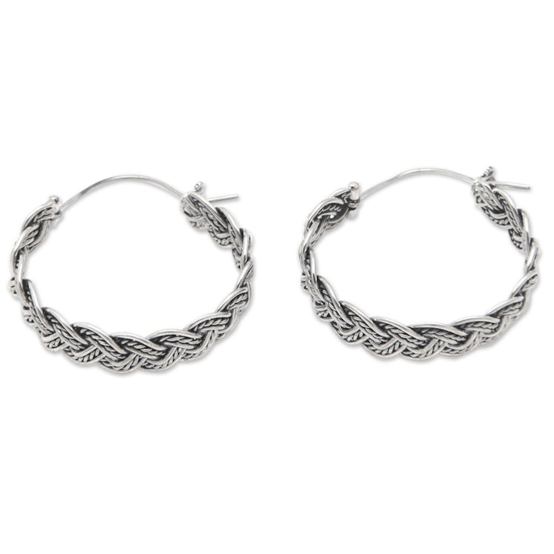 Balinese Sterling Silver Hoop Earrings with Braided Style 'Braided Flair'