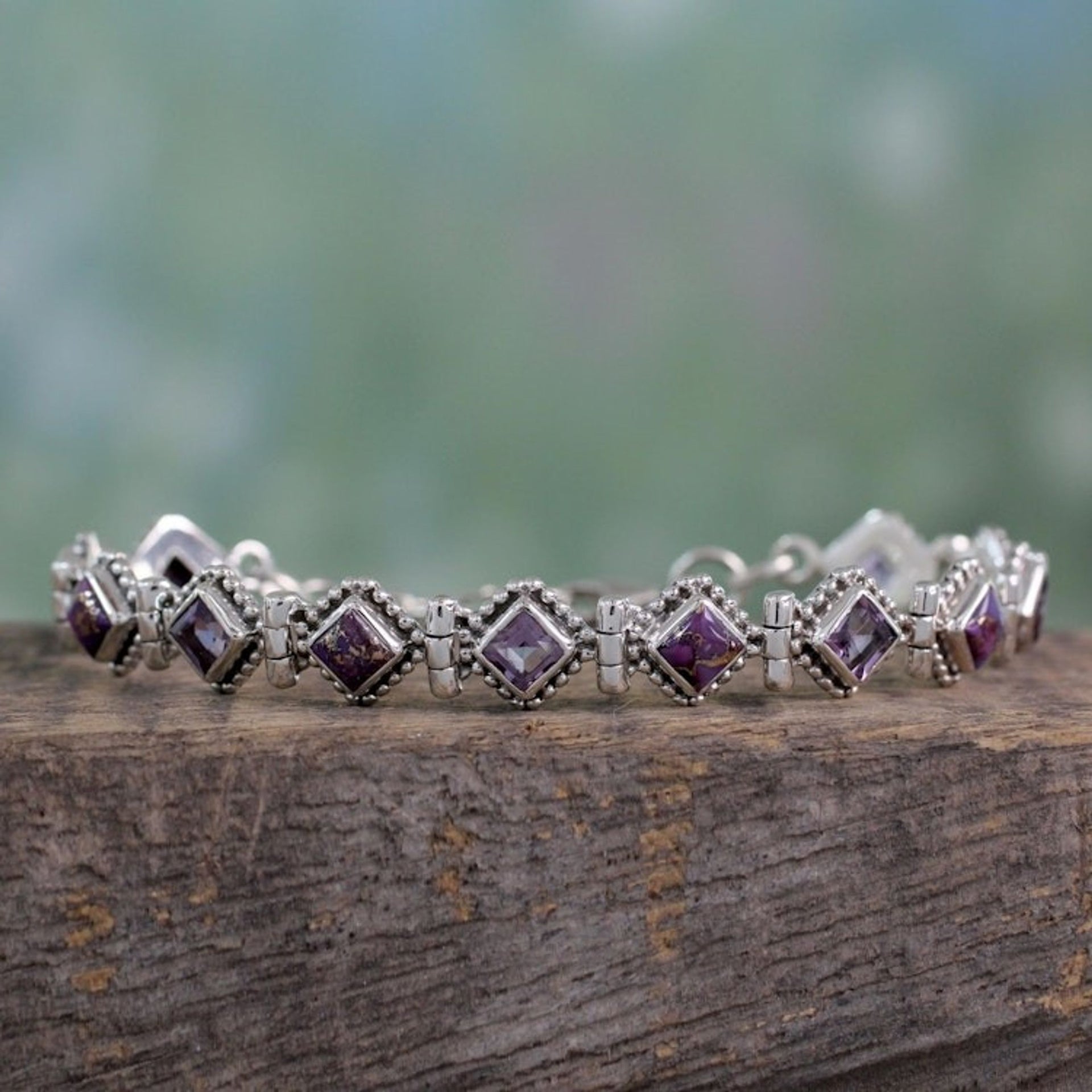 India Sterling Silver Tennis Bracelet Amethyst and Turquoise 'Bollywood Lilac'