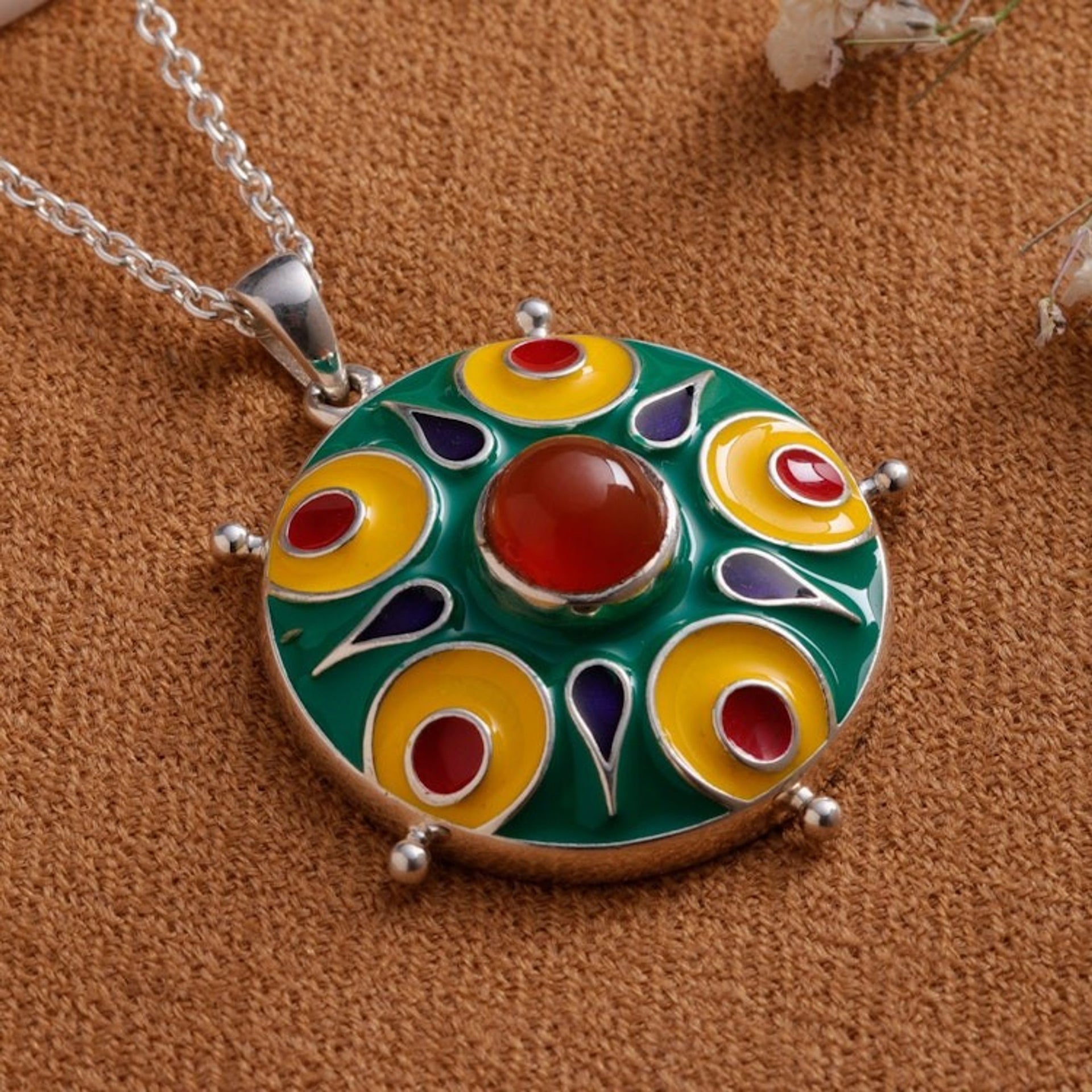 Painted Sterling Silver Pendant Necklace with Carnelian Gem 'Celebration in Jaipur'