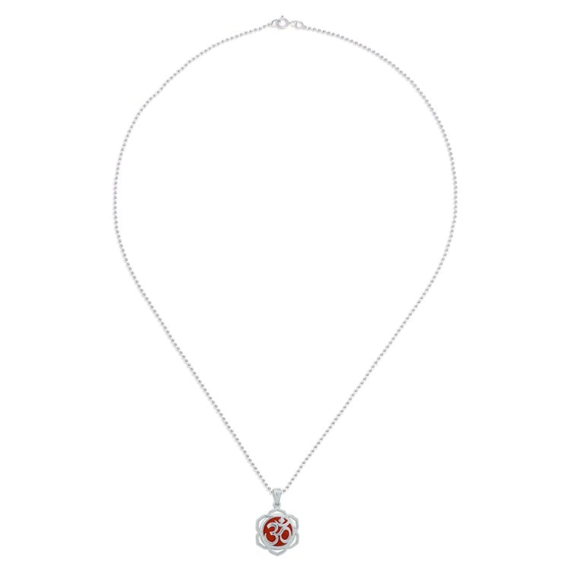 Floral Om-Themed Carnelian Pendant Necklace from Thailand 'Sacred Fire Bloom'
