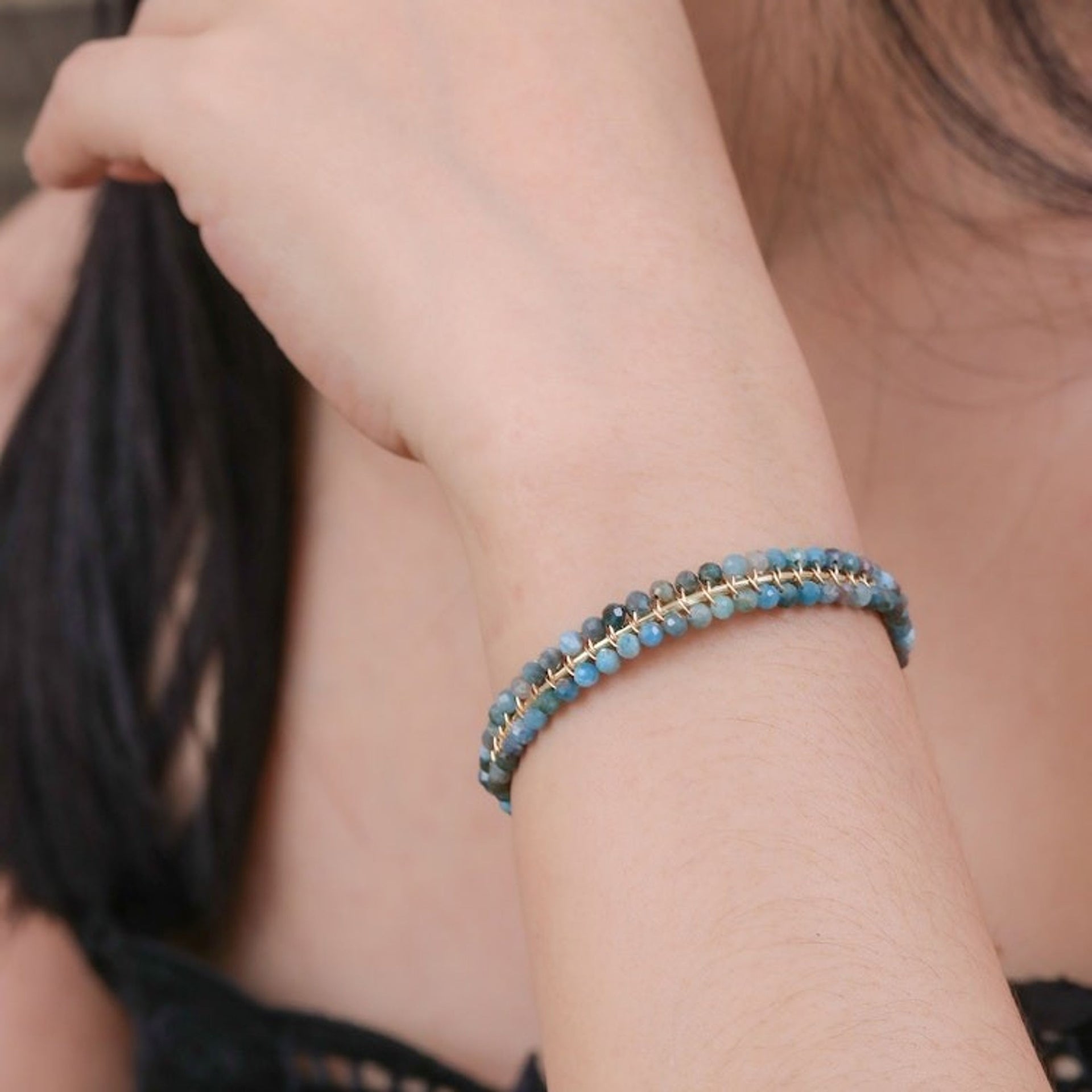 Blue Apatite Beaded Cuff Bracelet in a High Polish Finish 'Life of Sapience'