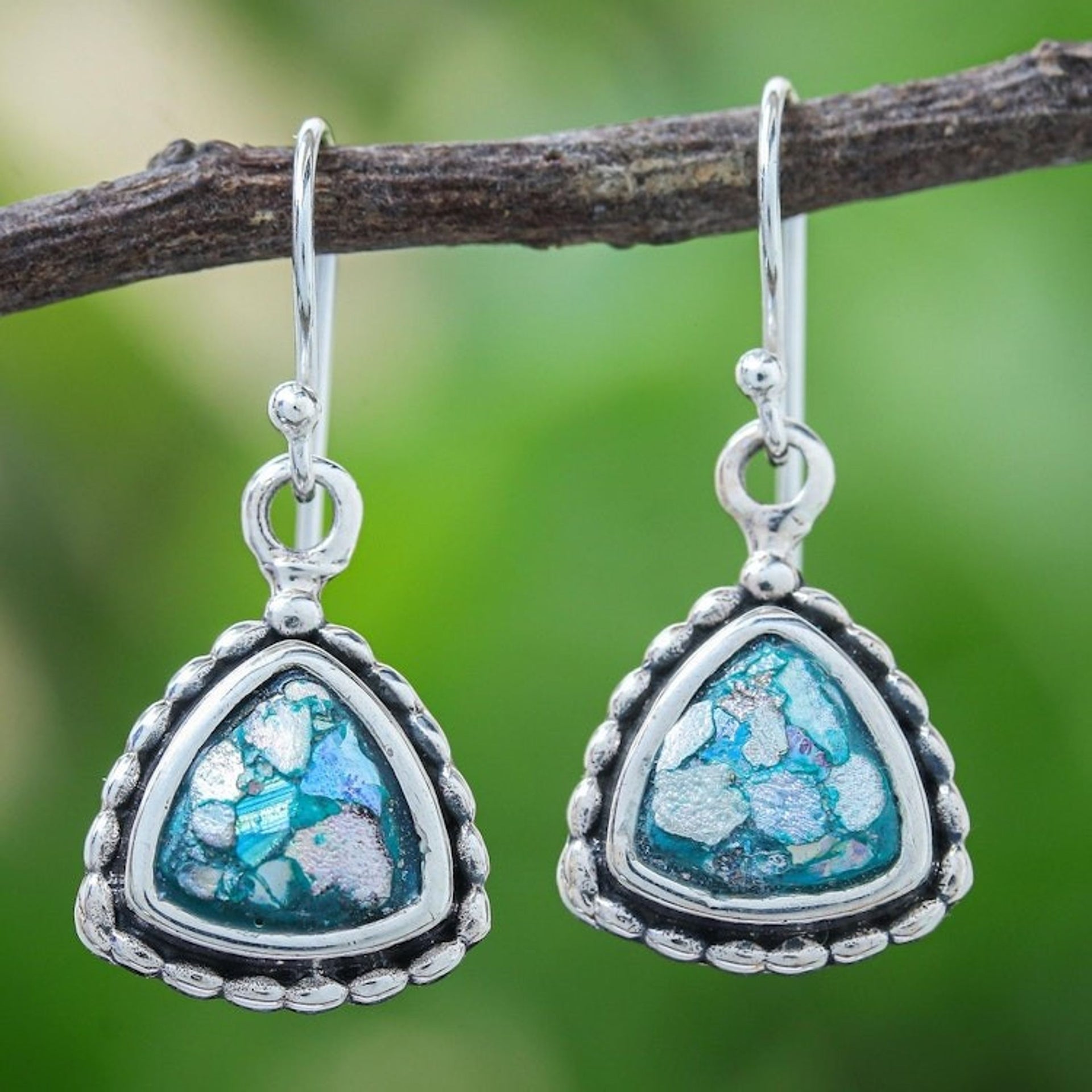 Roman Glass and Sterling Silver Dangle Earrings 'Fresh Snow'