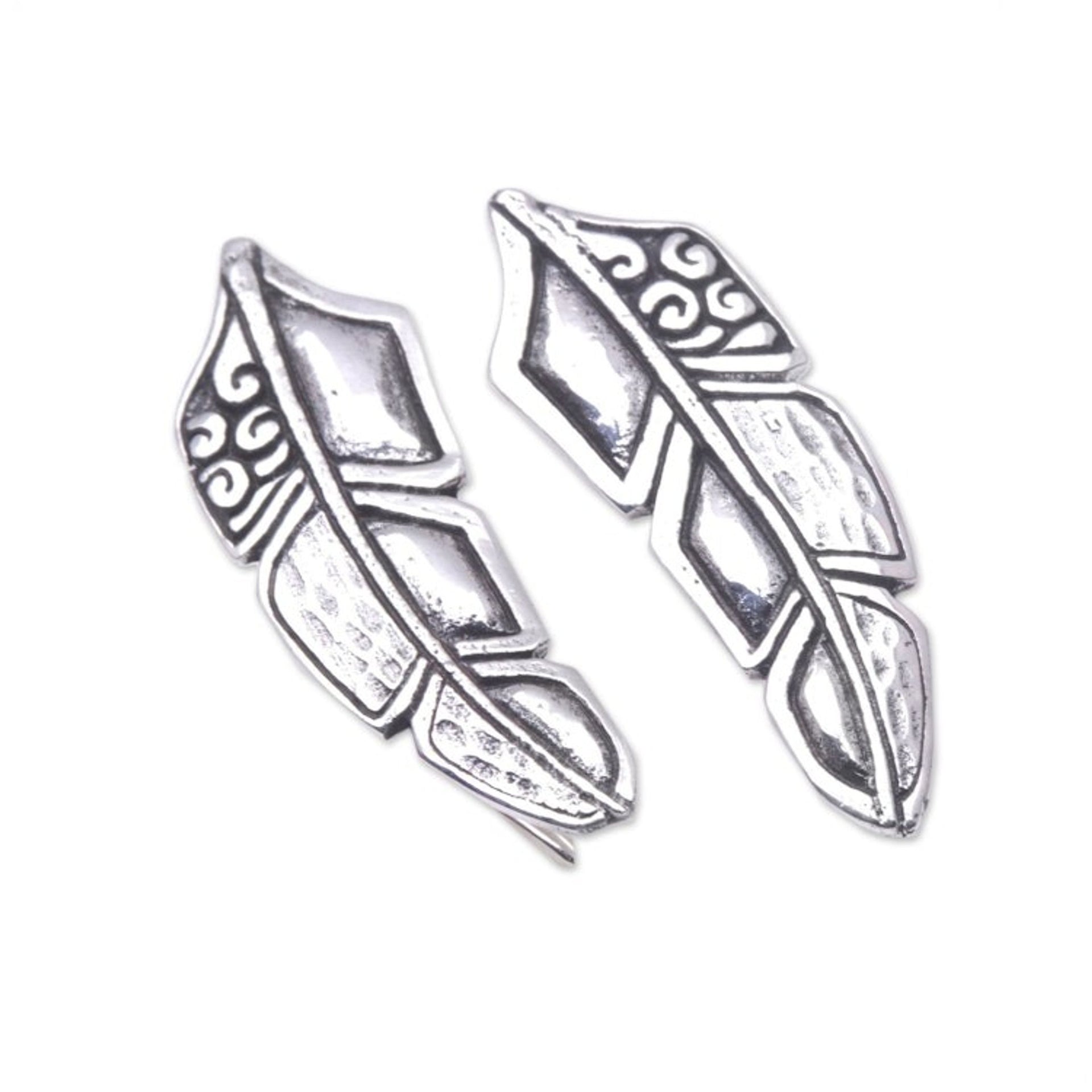 Feather Ear Climber Earrings Made from Sterling Silver 'Bali Feathers'
