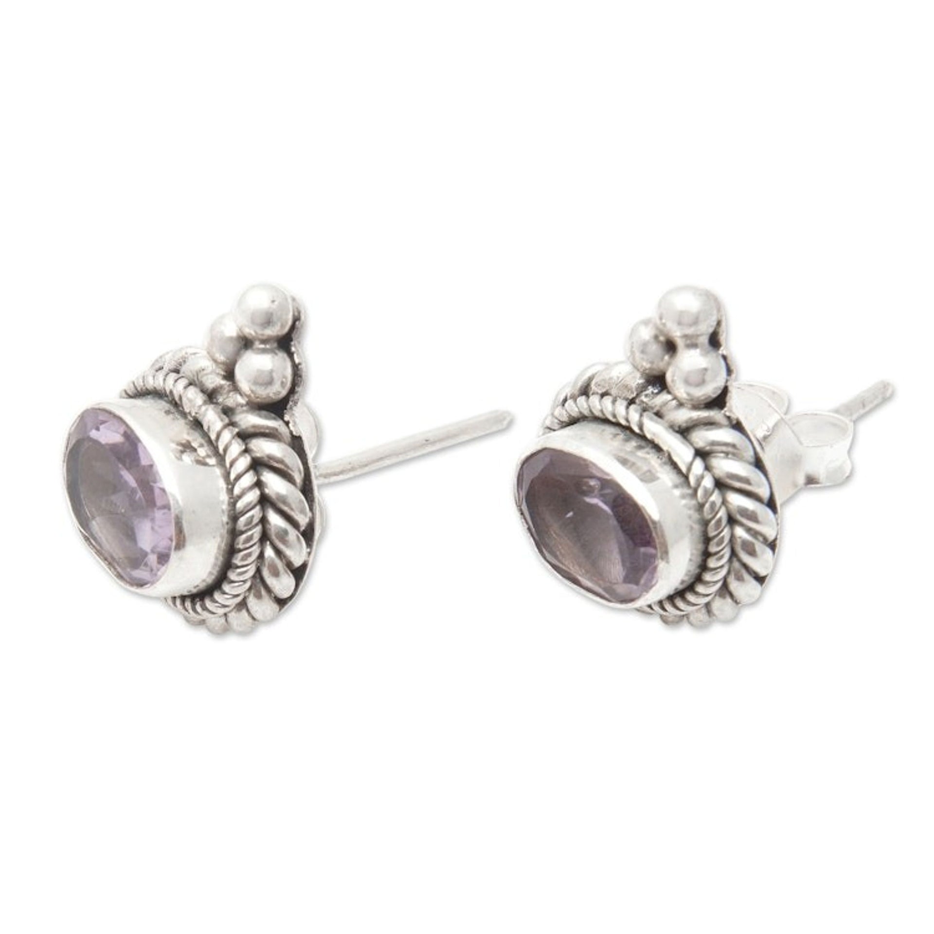 Beaded and Braided Sterling Silver Amethyst Button Earrings 'Dame's Wisdom'