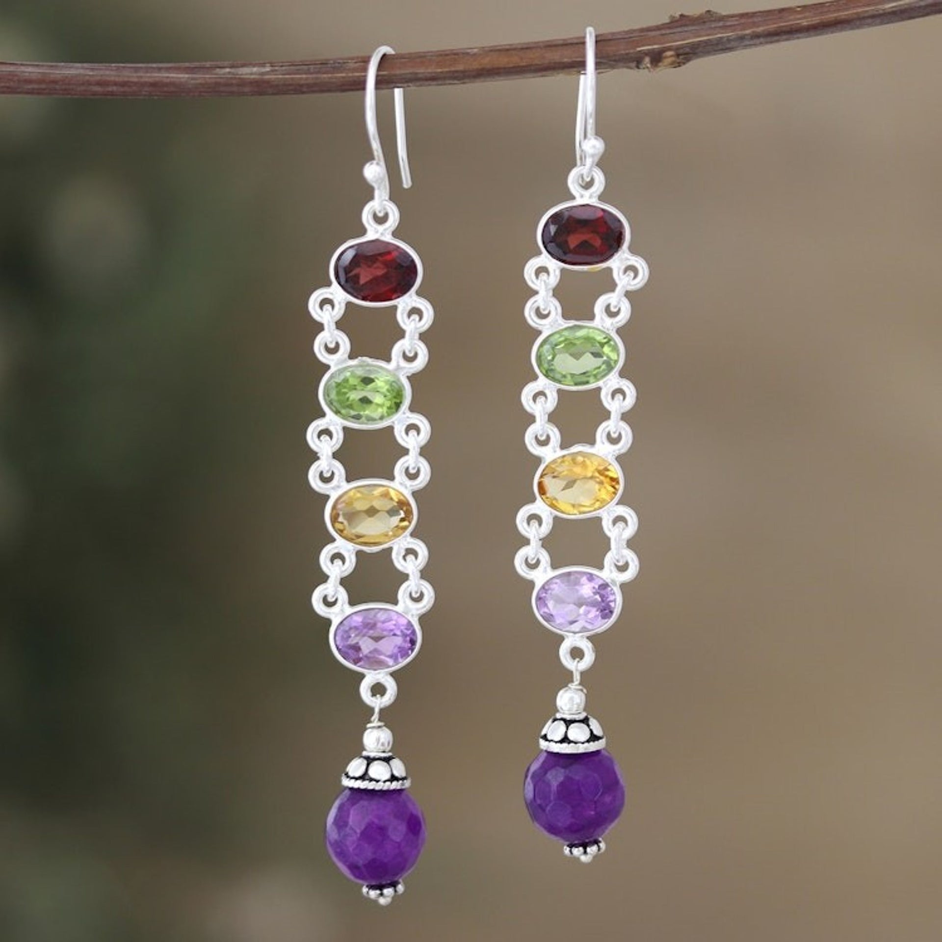 Polished Dangle Earrings with Faceted Gemstones from India 'Precious Fusions'