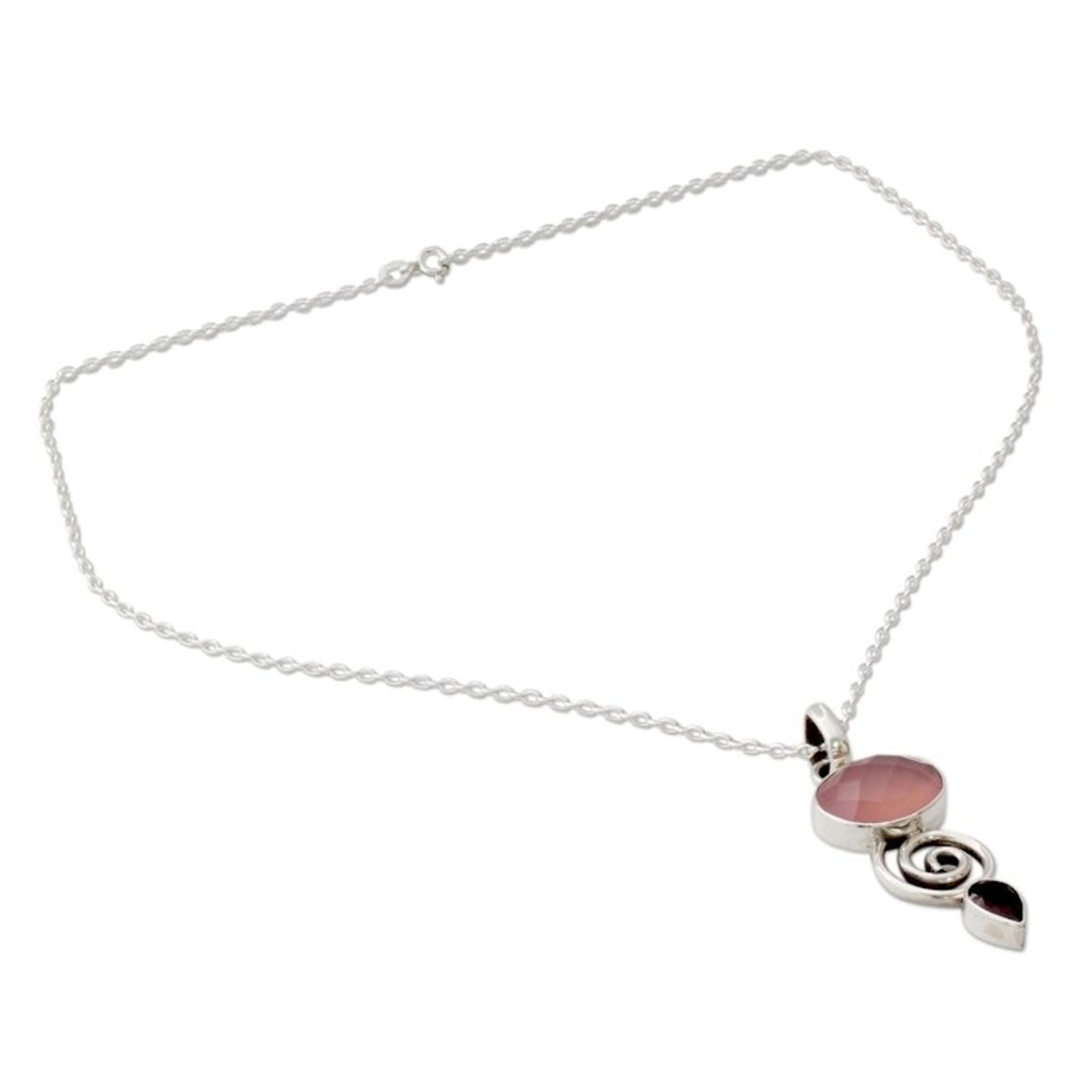 Indian Silver Necklace with Pink Chalcedony and Garnet 'Romantic Journey'
