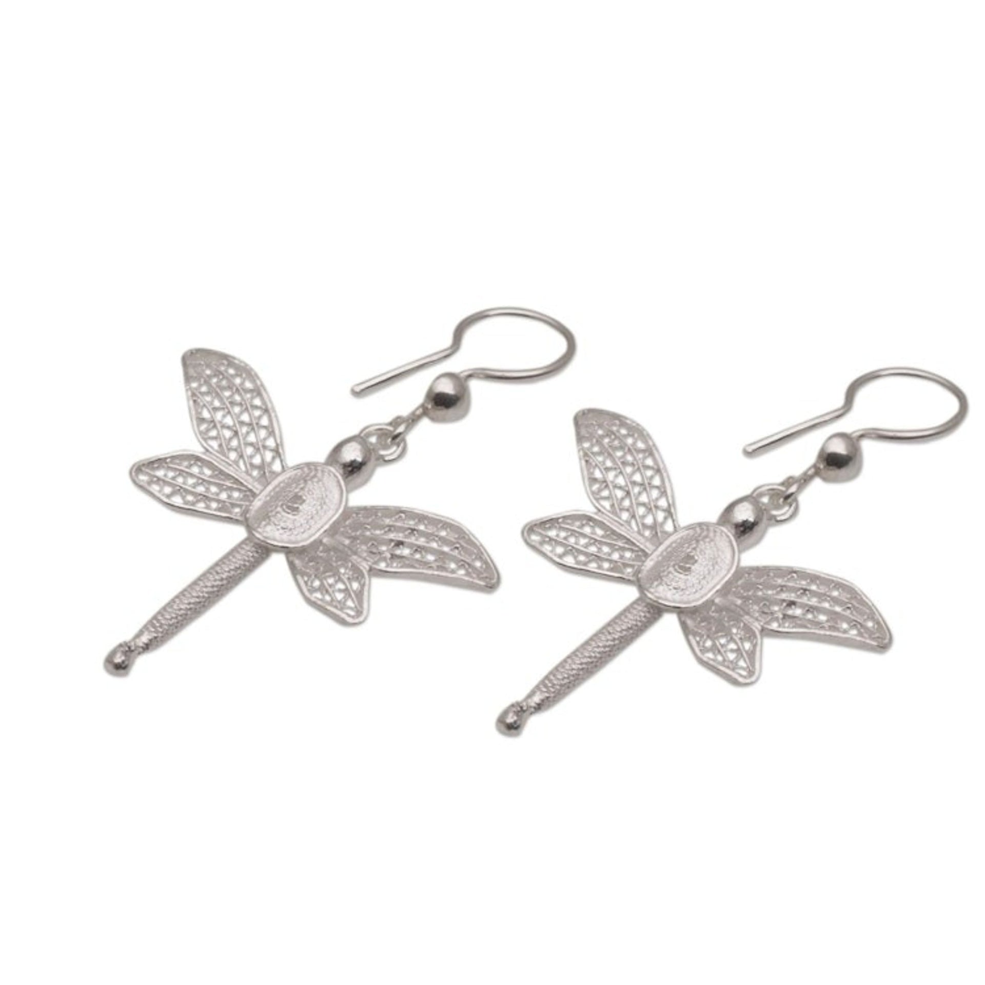 Dragonfly-Shaped Silver Filigree Dangle Earrings from Bali 'Soaring Dragonflies'