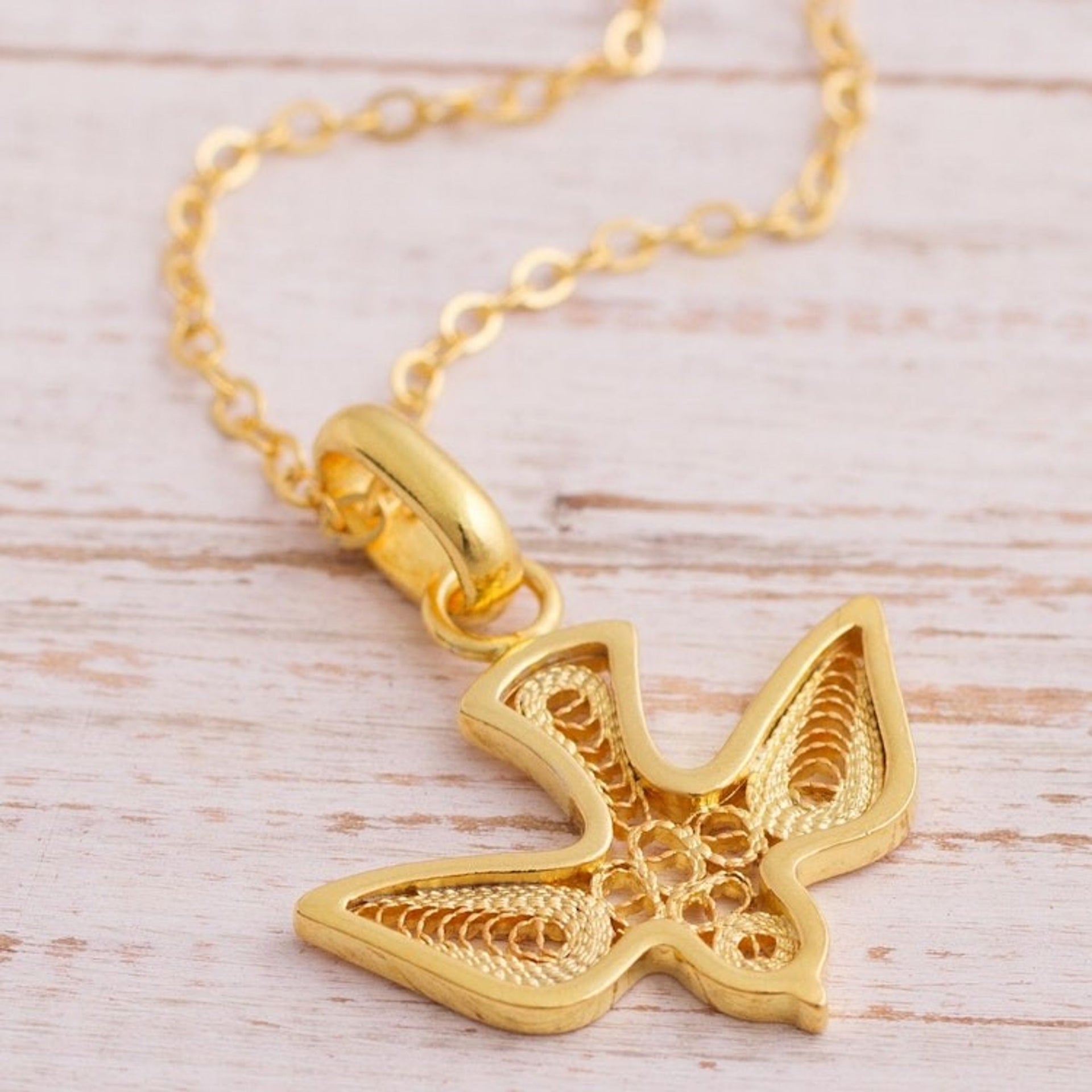 Gold Plated Sterling Silver Filigree Dove Pendant Necklace 'Gold Divine Dove'