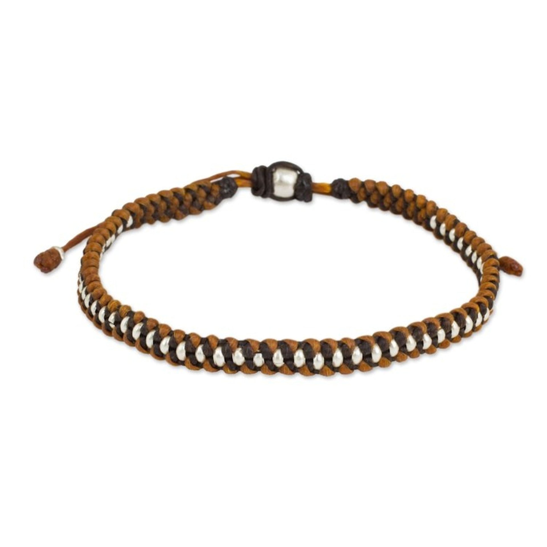 Silver Beads on Brown and Tan Wristband Bracelet 'Brown Tan Progression'