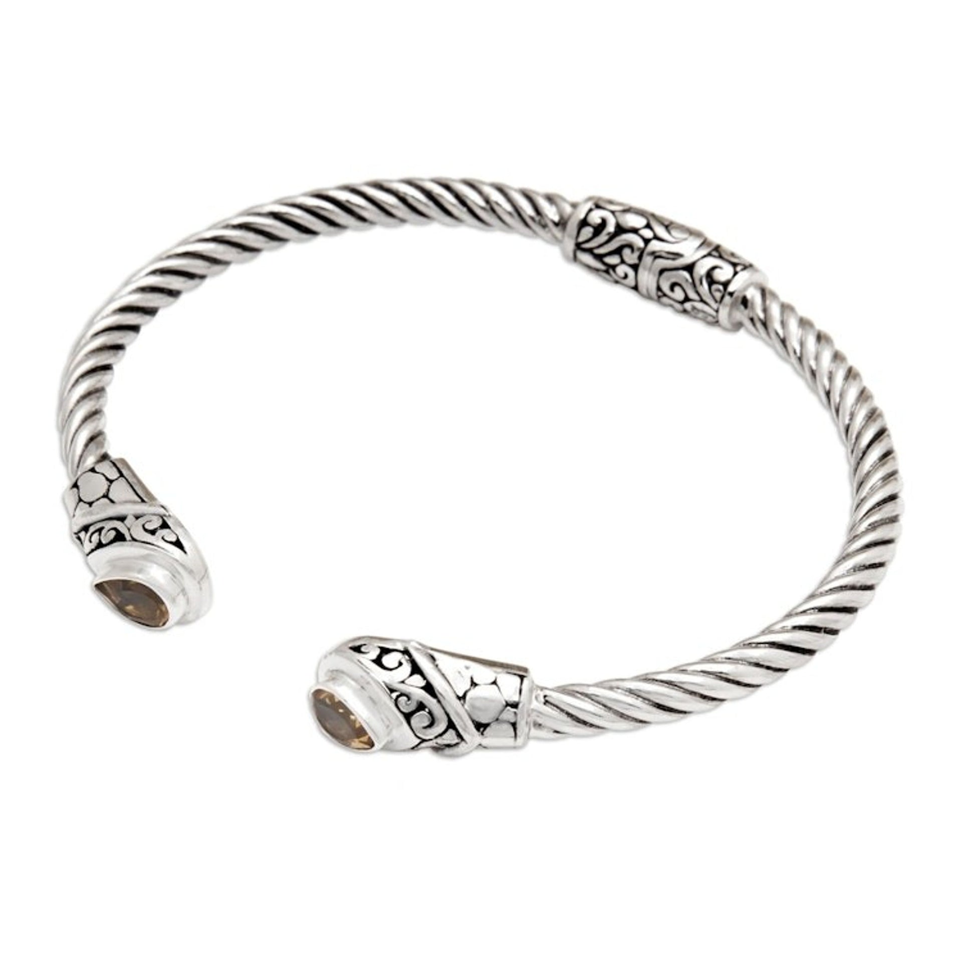 Balinese Sterling Silver Cuff Bracelet with Citrine Gems 'Success Fates'