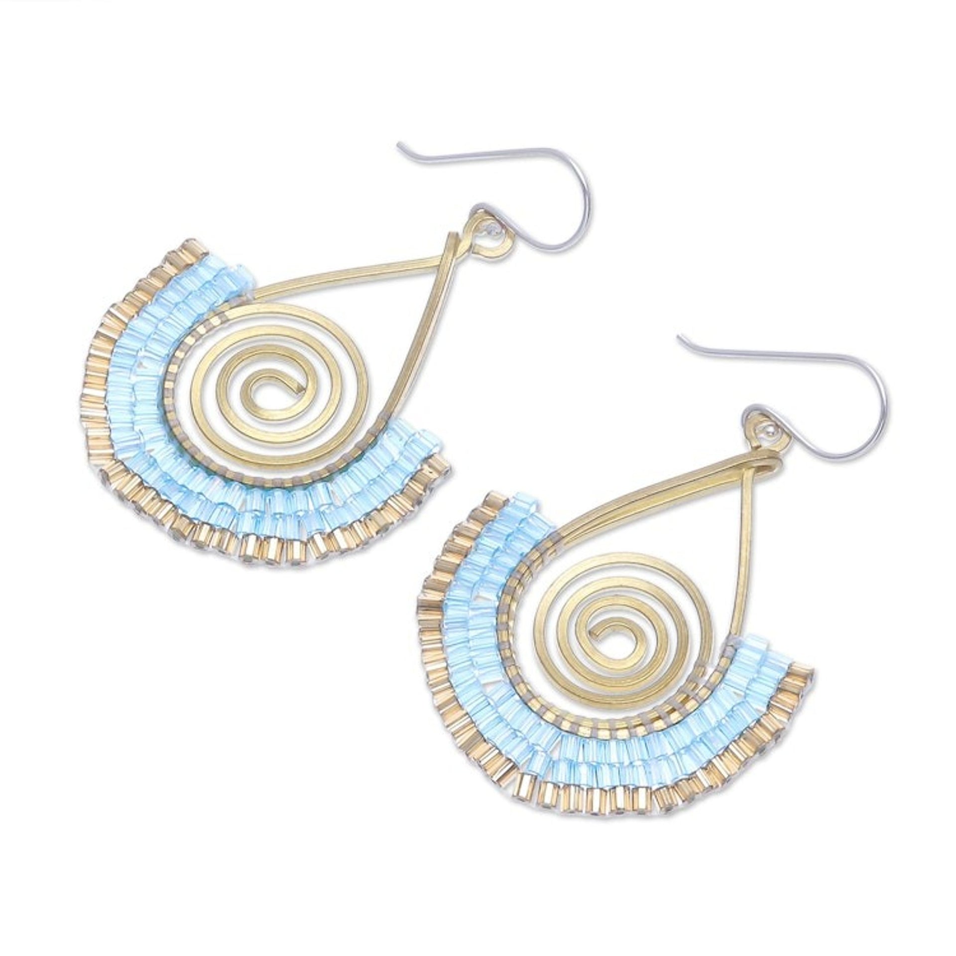 Aqua and Gold Glass Bead Spiral Dangle Earrings 'Spiral Fan in Aqua'