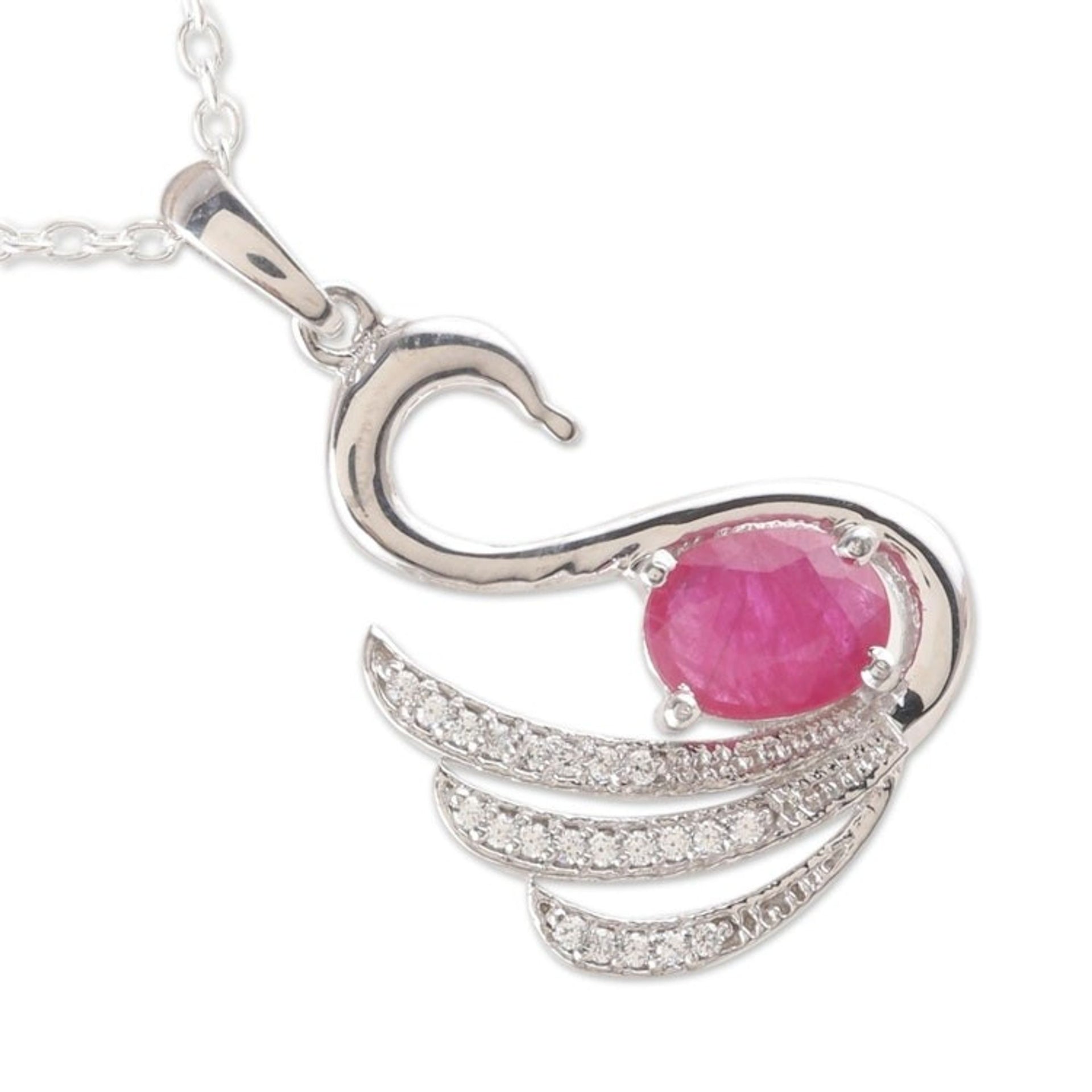Rhodium-Plated Ruby and Cubic Zirconia Swan Necklace 'Swan Princess'