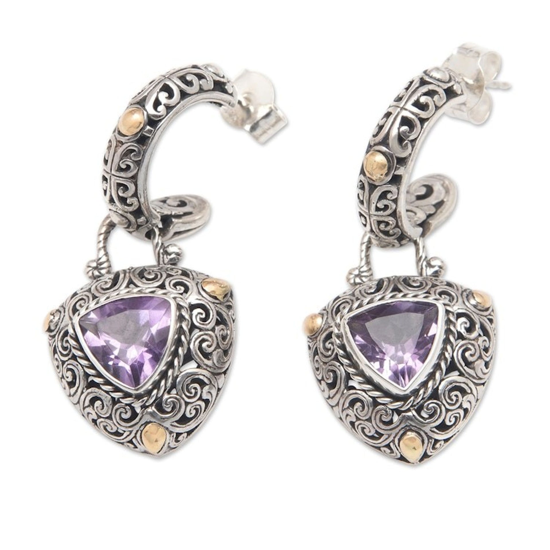 18k Gold-Accented Dangle Earrings with Triangle Amethyst Gem 'Triangle of the Wise'