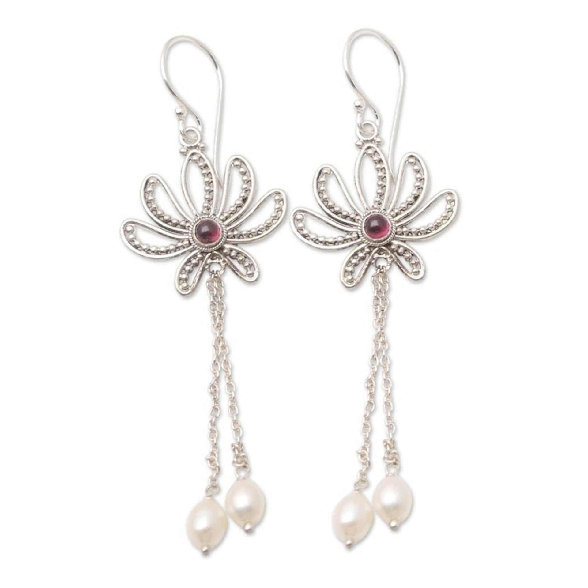 Handcrafted Cultured Pearl and Garnet Dangle Earrings 'Passionate Lotus'