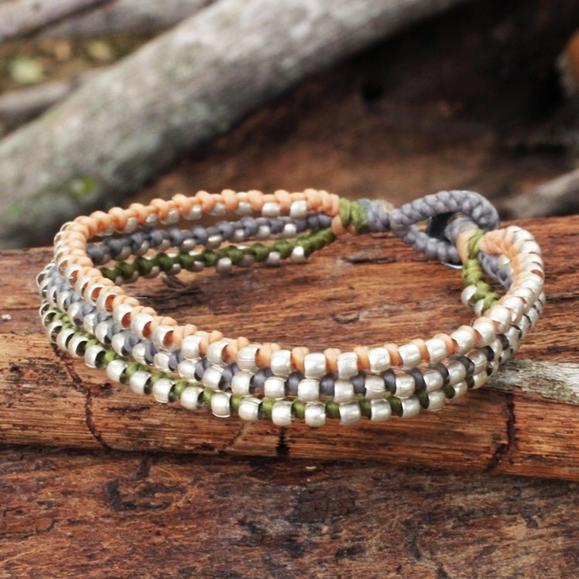 Hill Tribe Jewelry Bracelet in Peach Gray and Green 'Pastel Siam Melody'