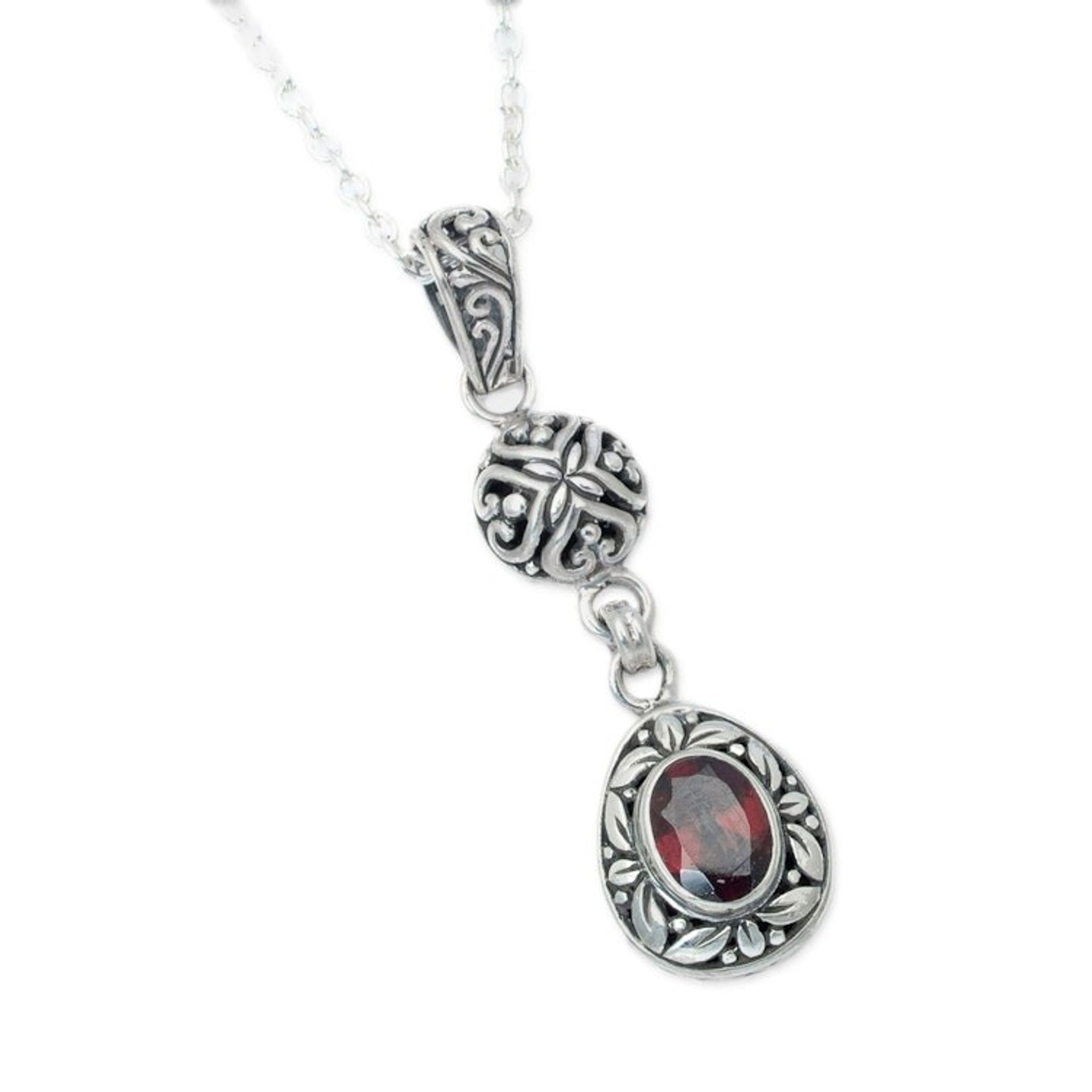 Sterling Silver Garnet Pendant Necklace with Leaf Motifs 'Red Summer'