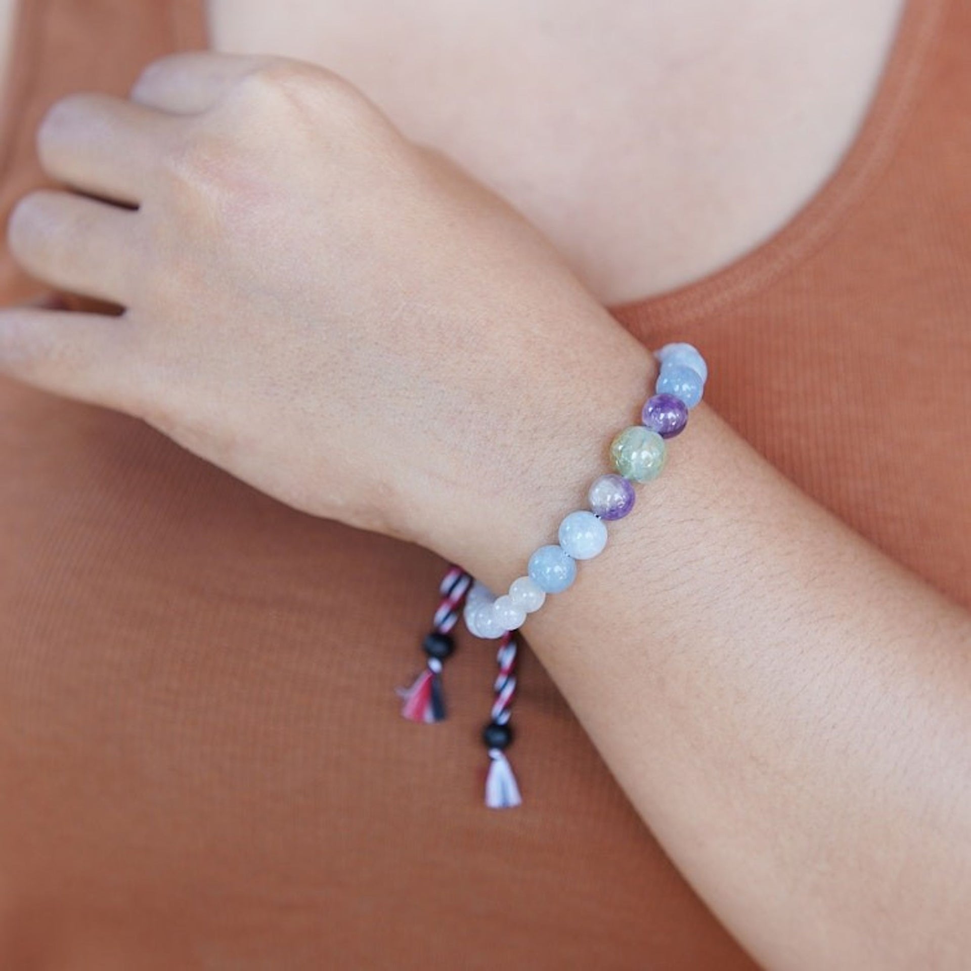 Adjustable Aquamarine and Amethyst Beaded Bracelet from Bali 'Times of Sapience'