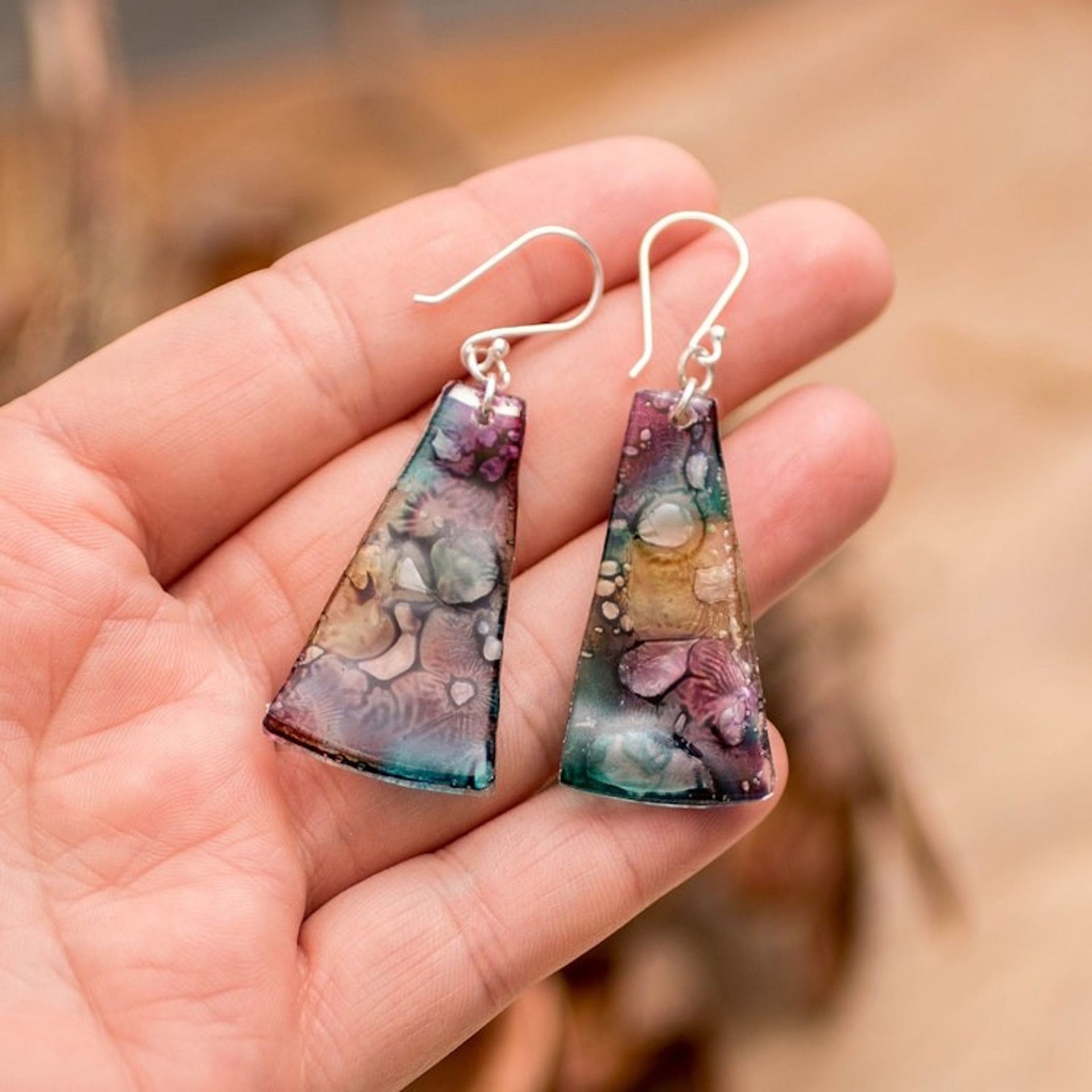 Yellow Turquoise and Purple Recycled CD Dangle Earrings 'Color Explosion'