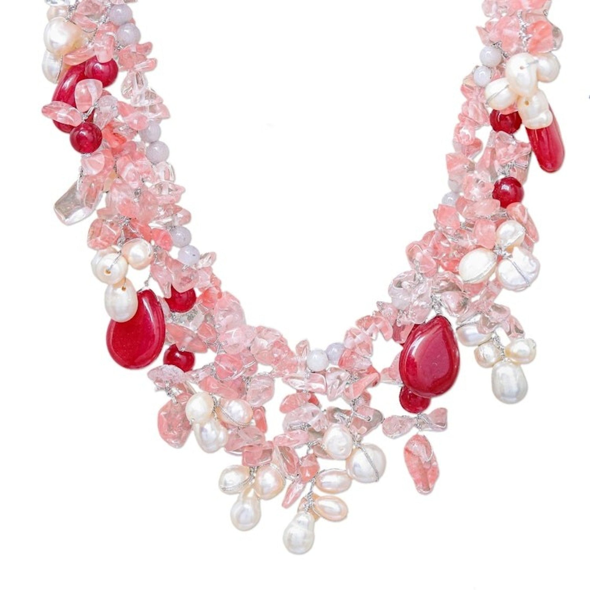 Handmade Cultured Pearl and Quartz Pendant Necklace 'Pink Palace'