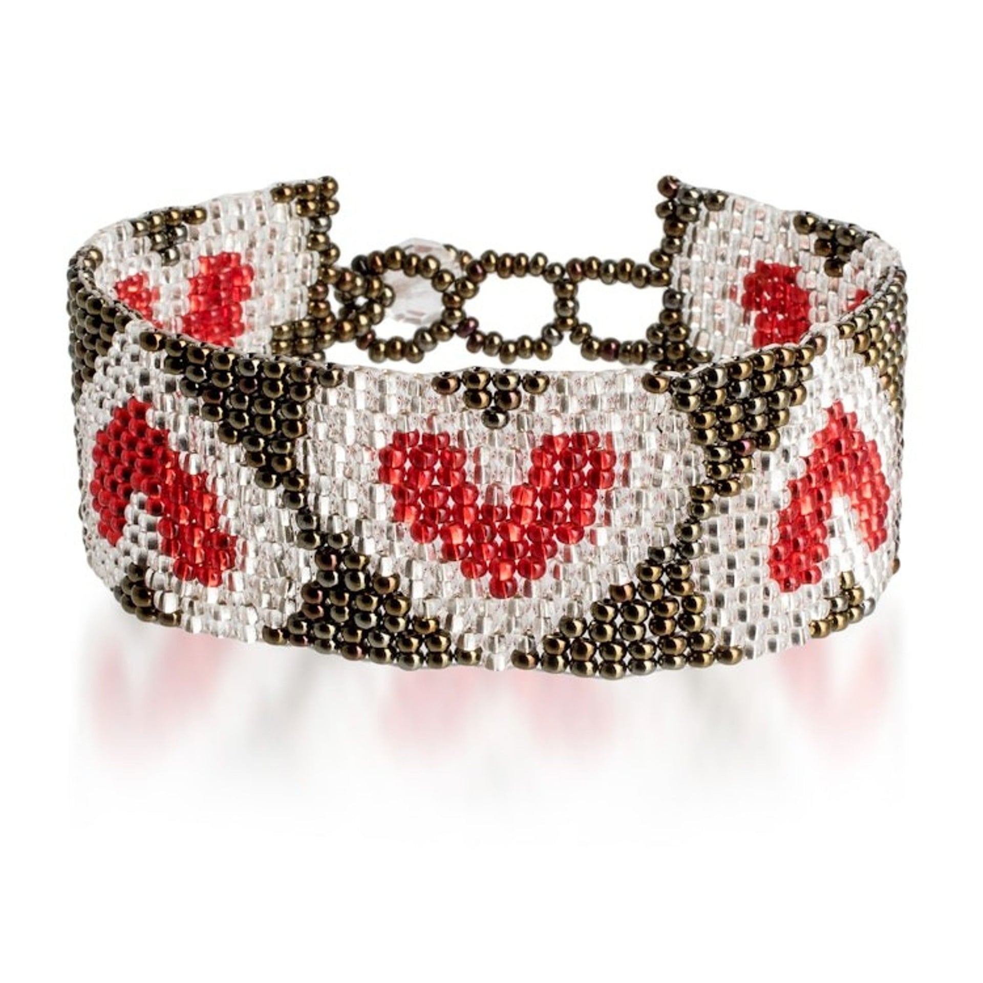 Adjustable Bronze Red and Silver-Hued Beaded Heart Bracelet 'Red Queen of Hearts'