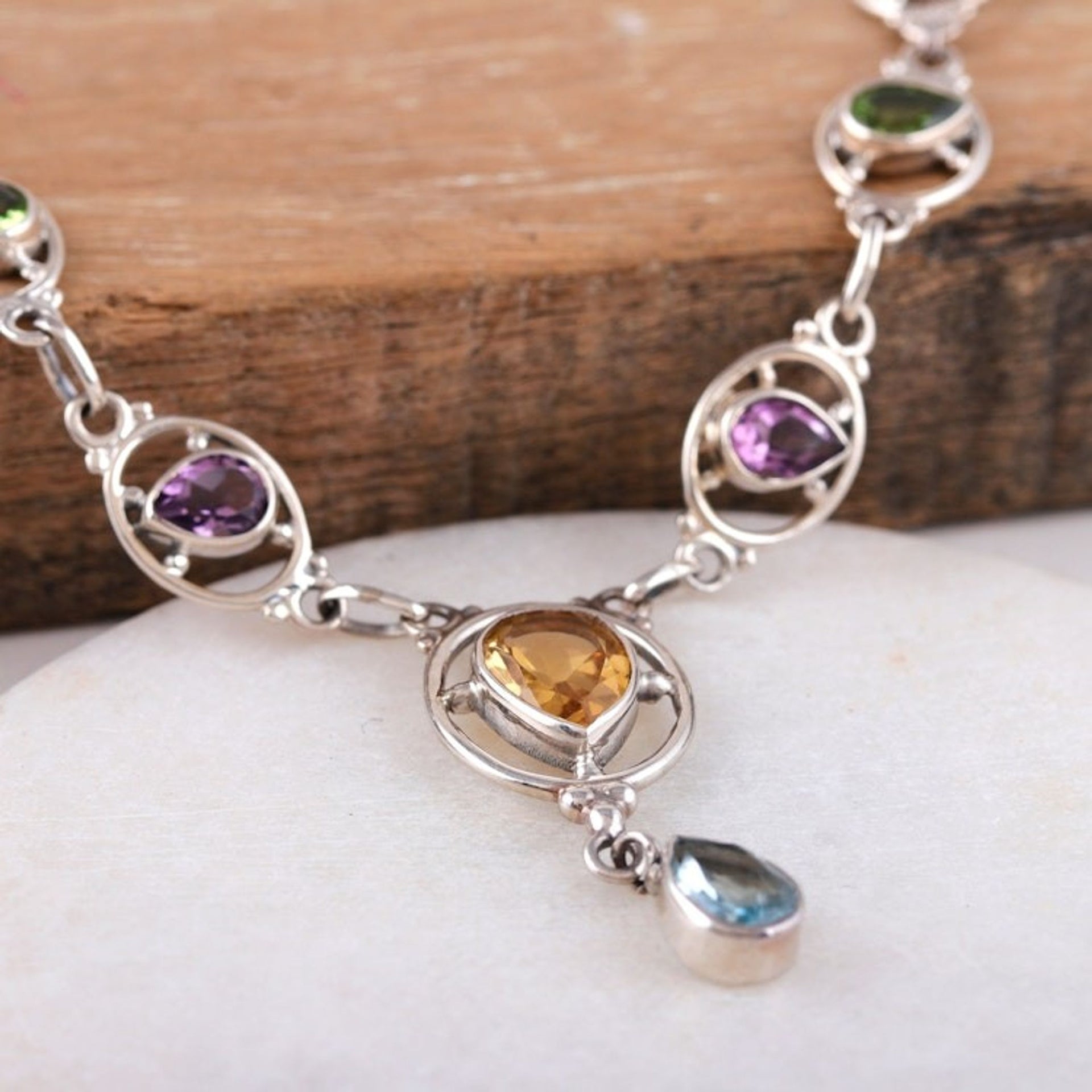 12-Carat Multi-Gemstone Sterling Silver Link Y Necklace 'Vibrant Magic'