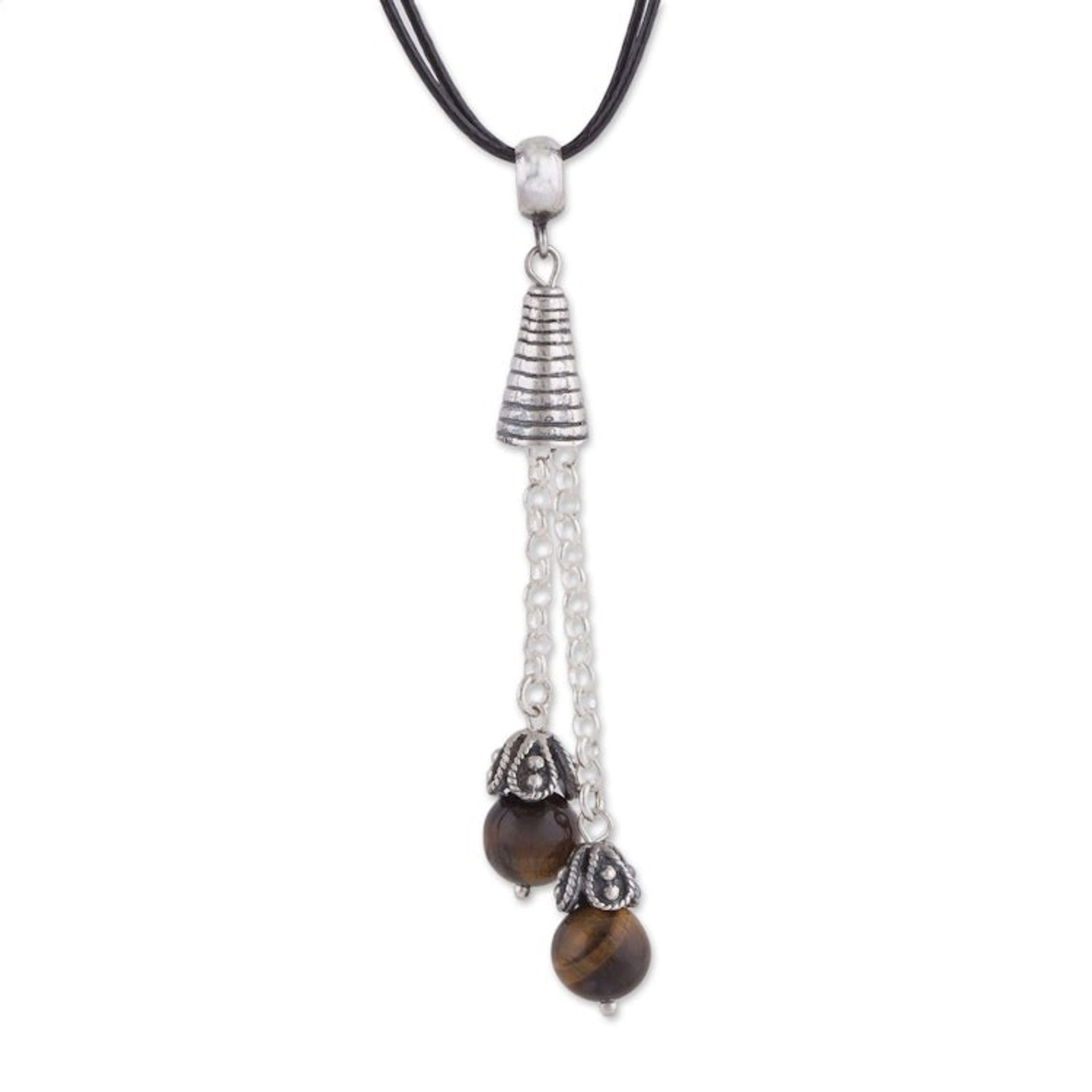 Tiger's Eye Pendant Necklace on Cotton Cord from Peru 'Floral Pendulums'