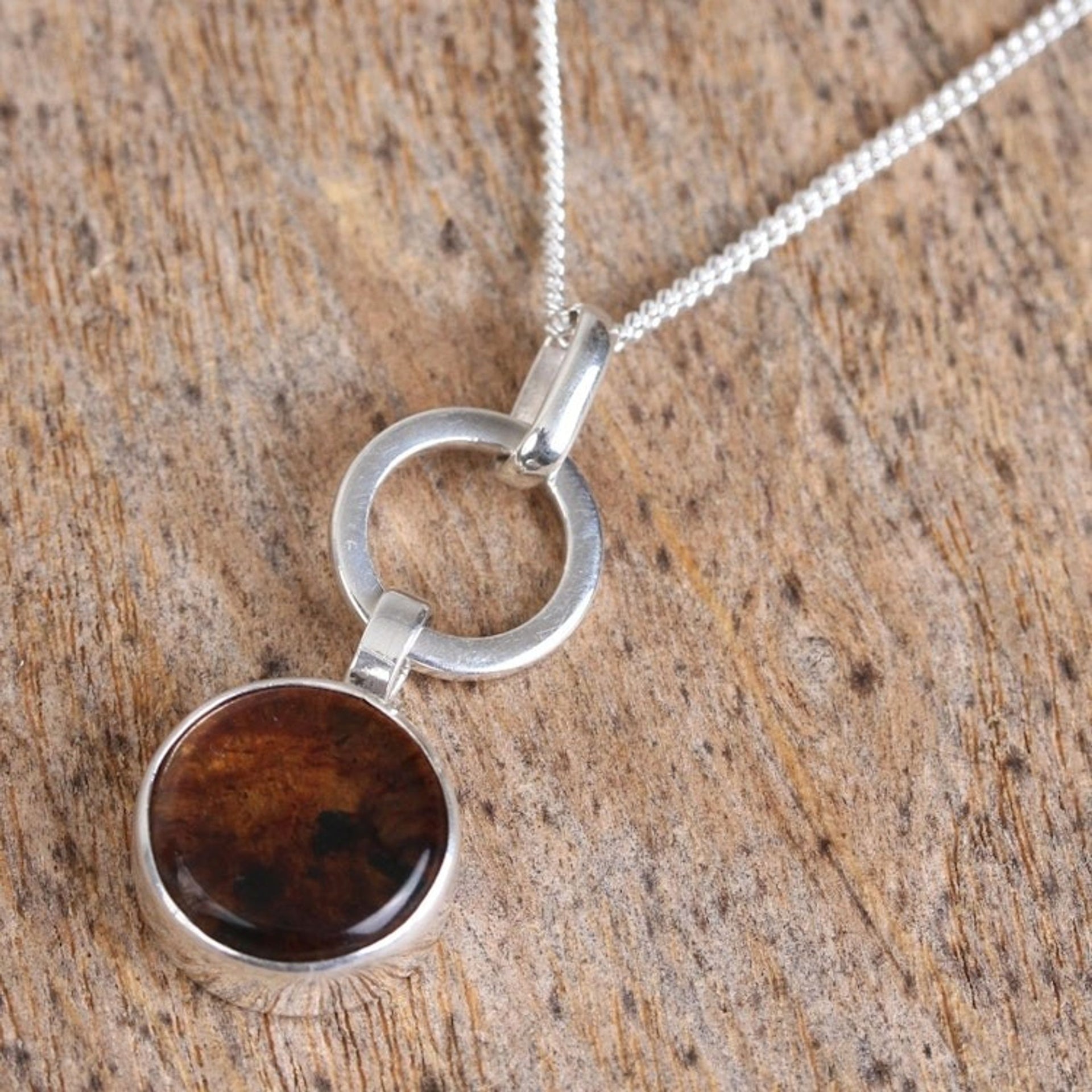 Round Amber Pendant Necklace from Mexico 'Contemporary Flair'