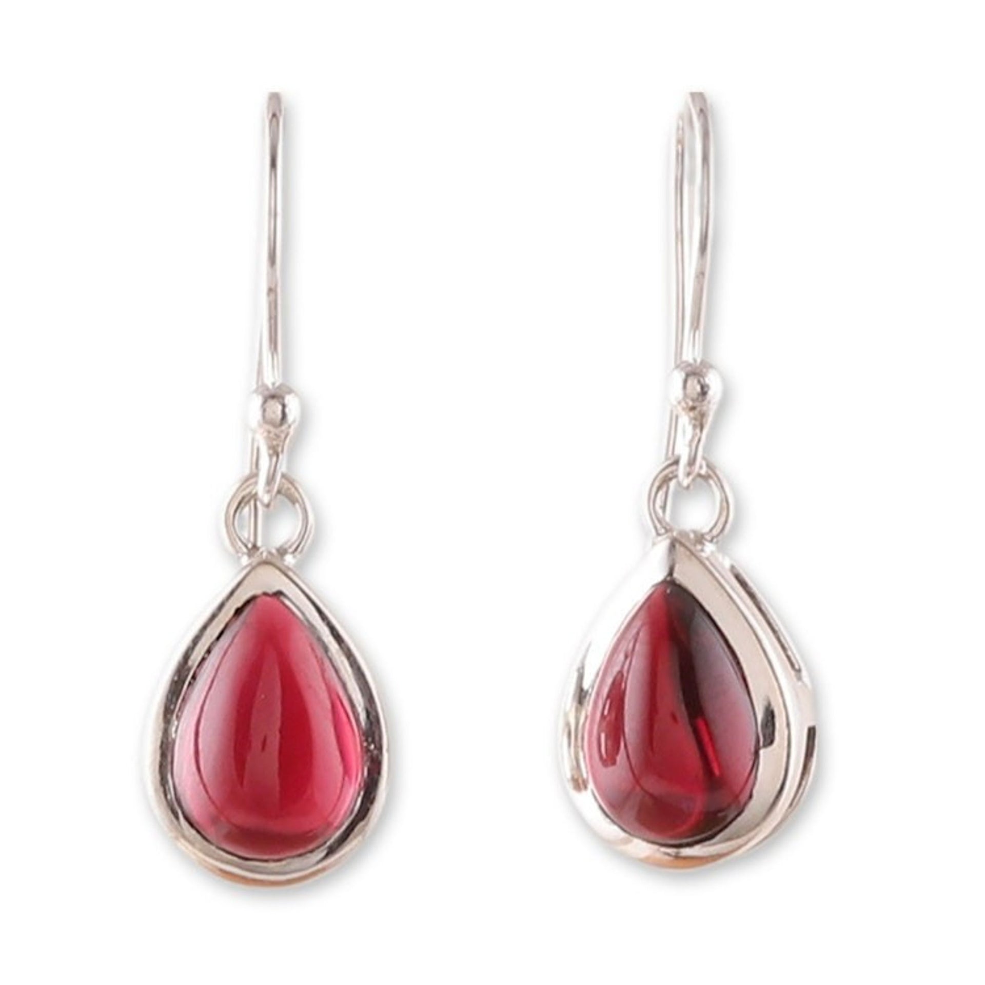 Polished Drop-Shaped Garnet Dangle Earrings from India 'Radiant Droplets'