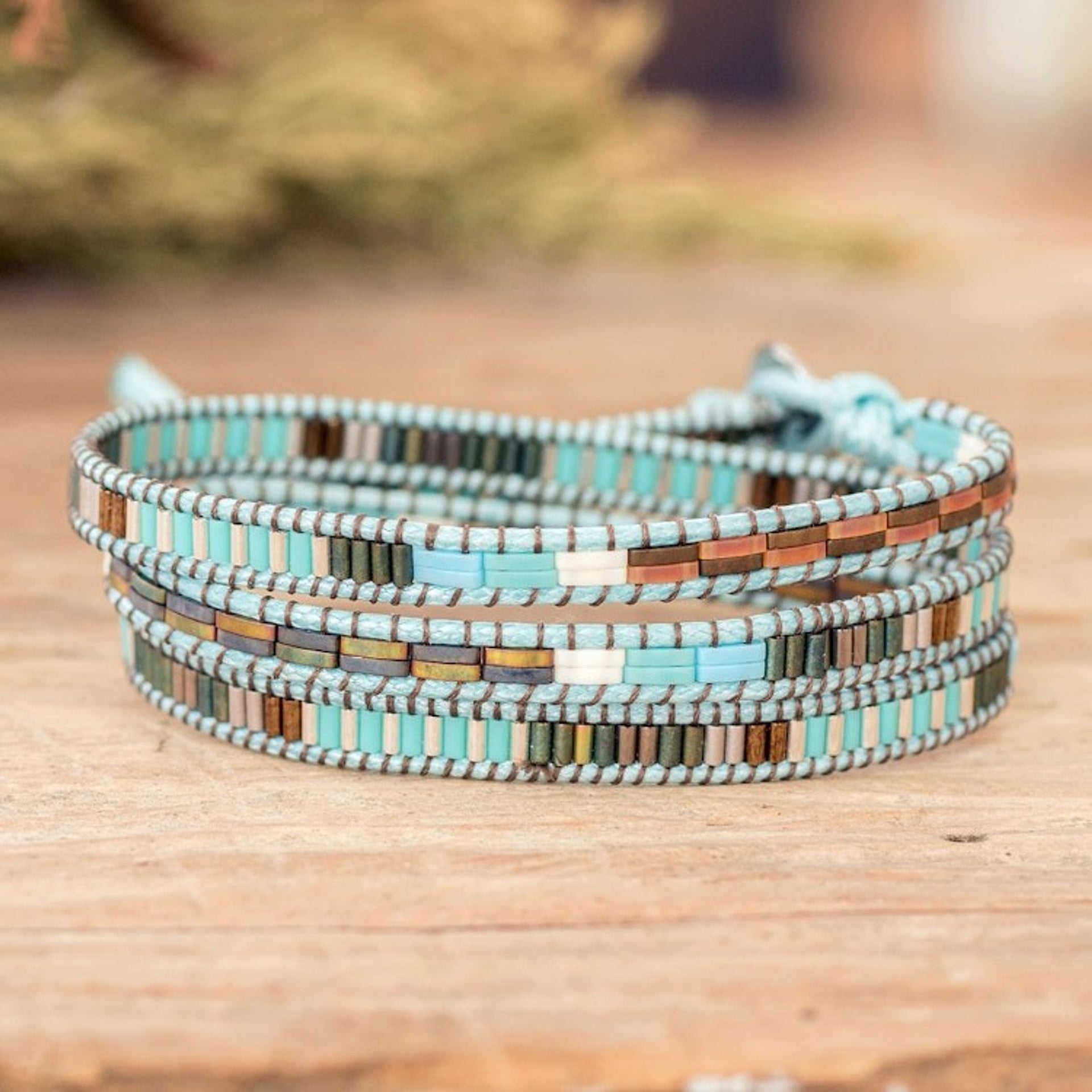Handcrafted Sky Blue and Brown Glass Beaded Wrap Bracelet 'San Cristobal in Heaven'