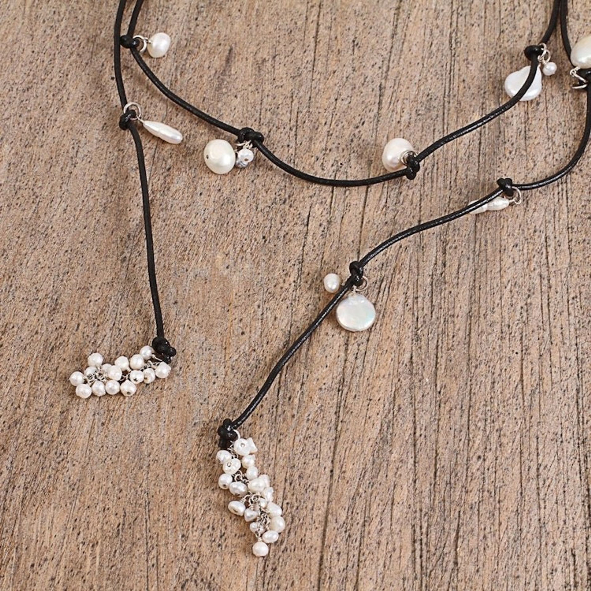 Handcrafted Cultured Pearl Black Leather Wrap Necklace 'Rustic Treasure in Black'