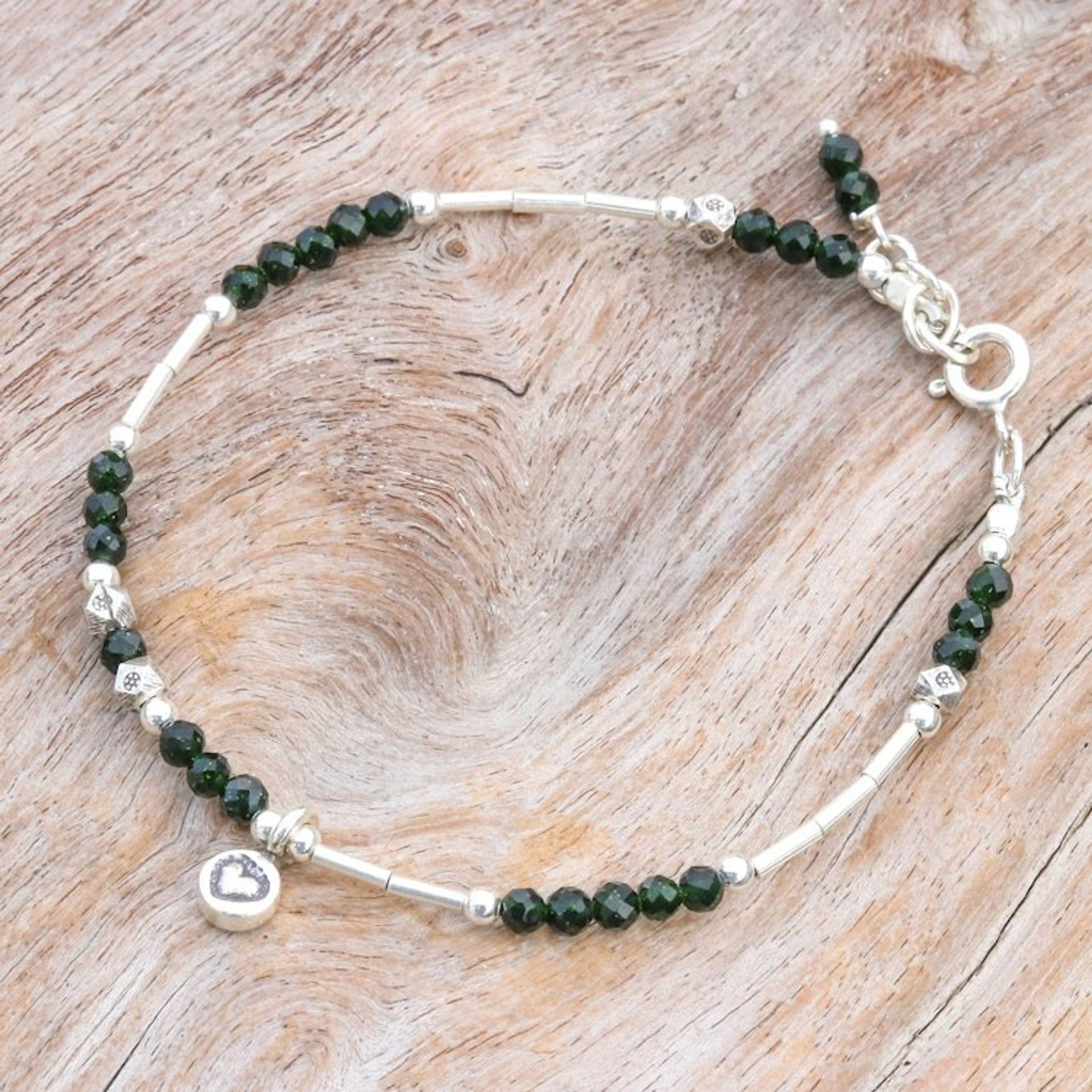 Heart-Themed Silver and Glass Beaded Charm Bracelet 'Sylvan Heart'