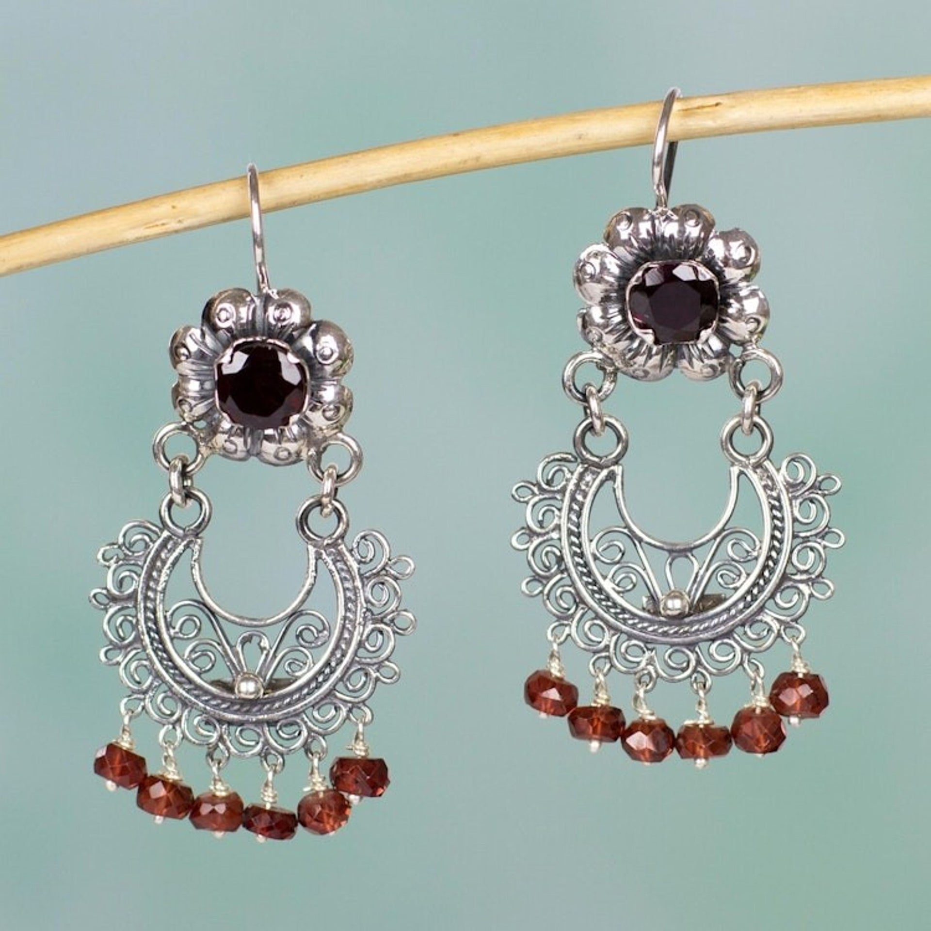 Sterling Silver Mazahua Style Garnet Chandelier Earrings 'Mazahua Lady'