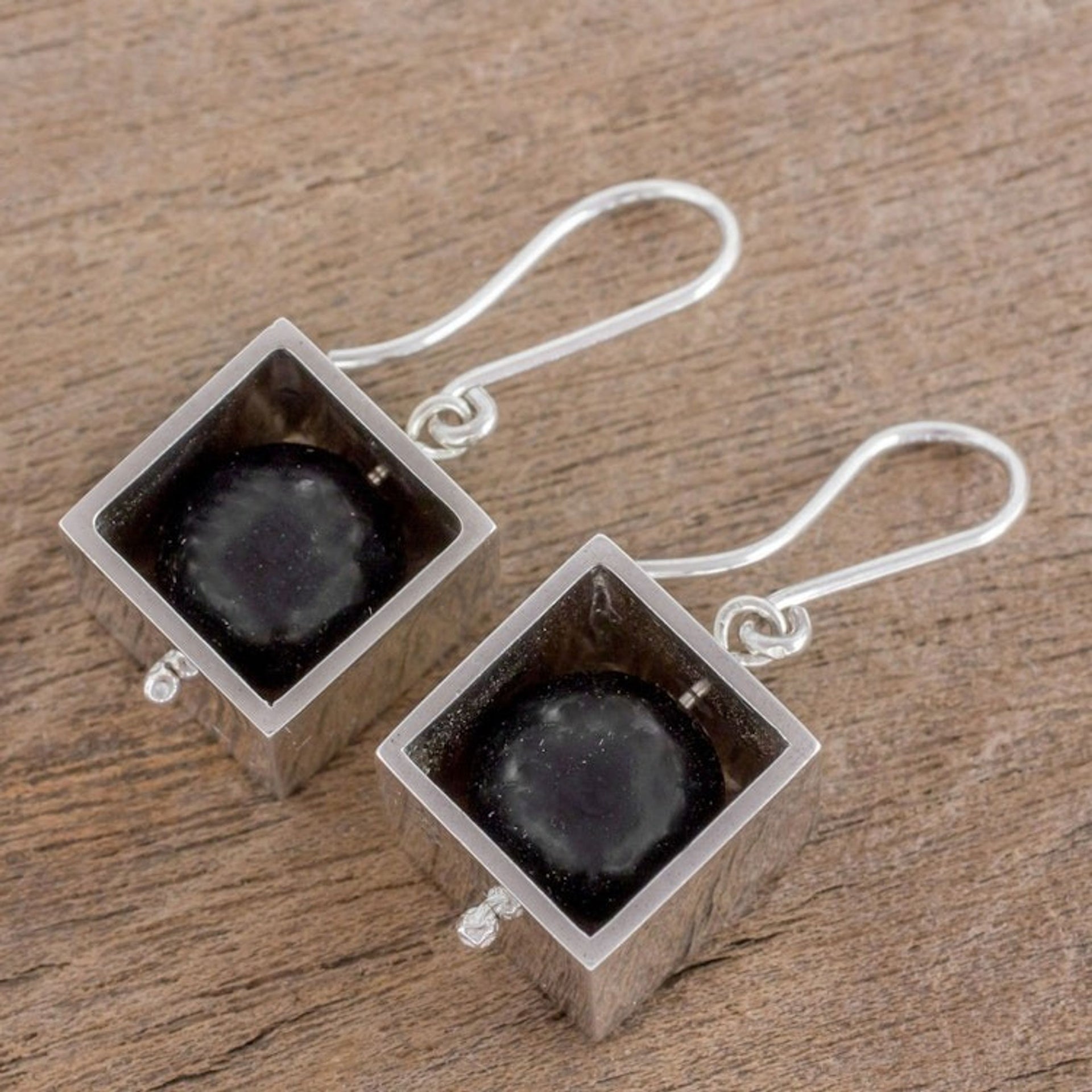 Square Sterling Silver Frame with Onyx Orb Dangle Earrings 'Frames'