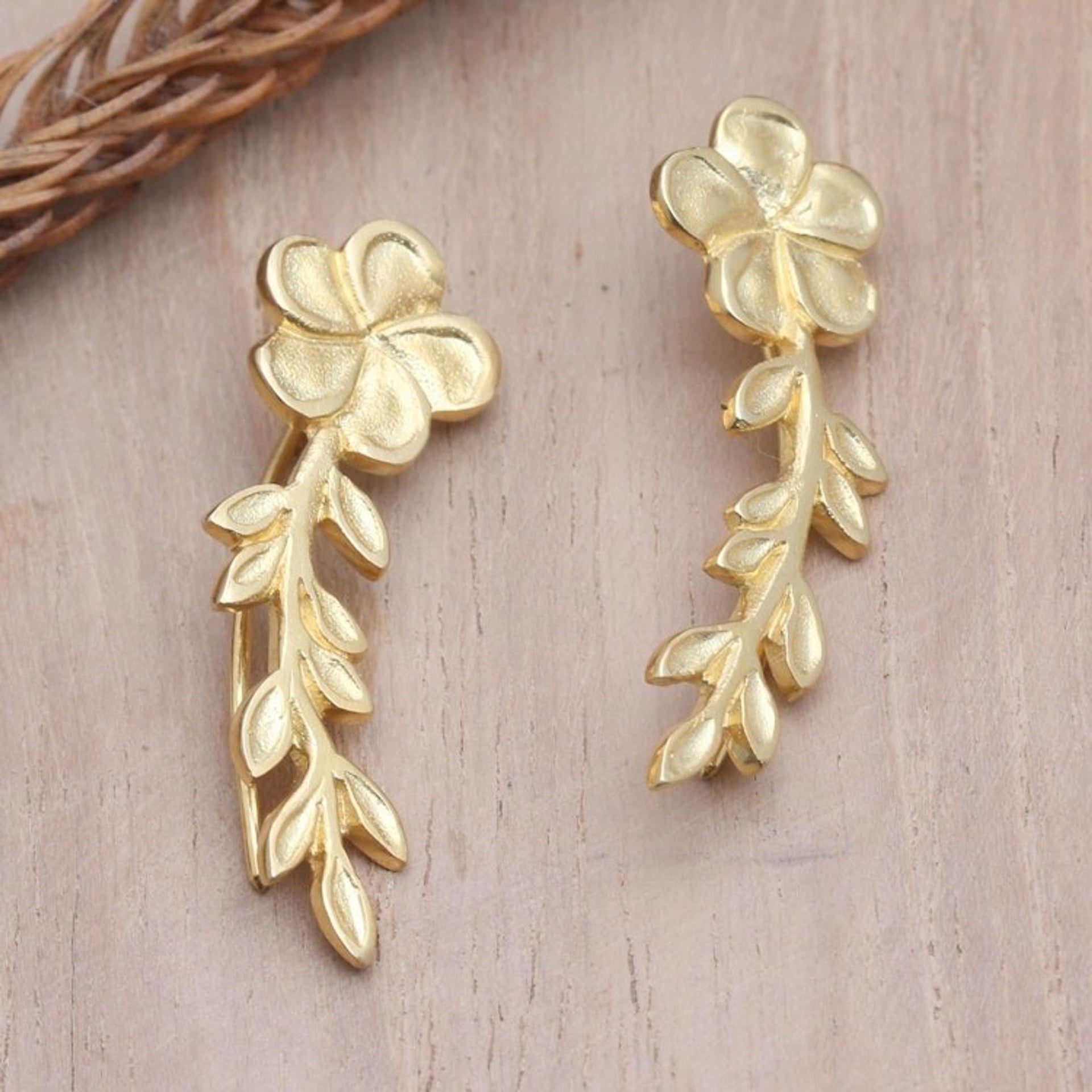 Gold-Plated Ear Climber Earrings with Floral Motif 'Climbing Blossoms'