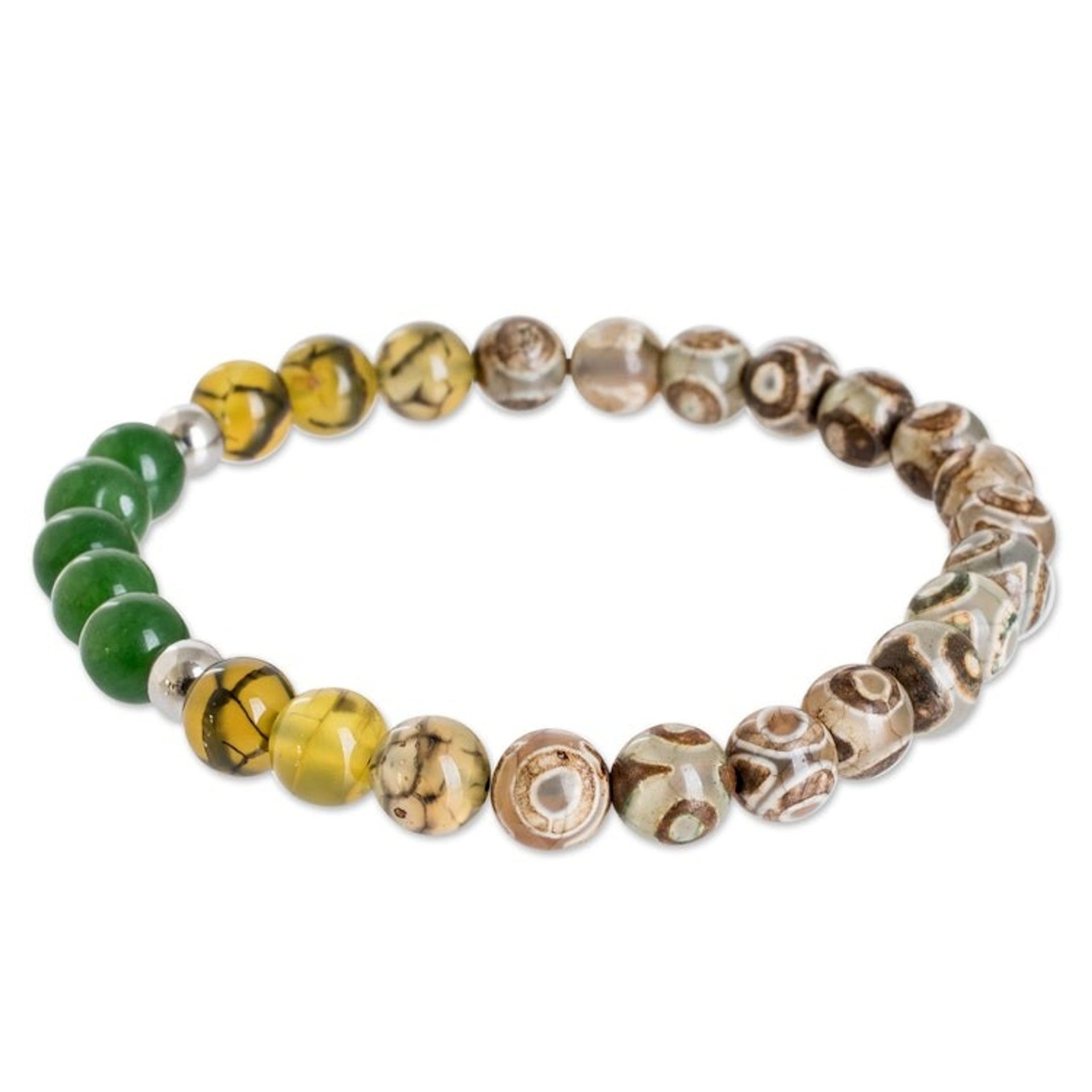 Handcrafted Men's Agate and Jade Beaded Stretch Bracelet 'Earth and Forest'