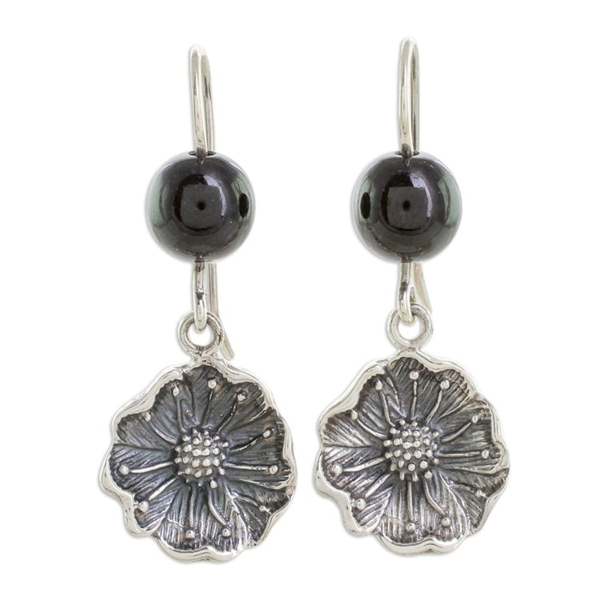 Floral Black Jade Dangle Earrings from Guatemala 'Guatemalan Flowers'